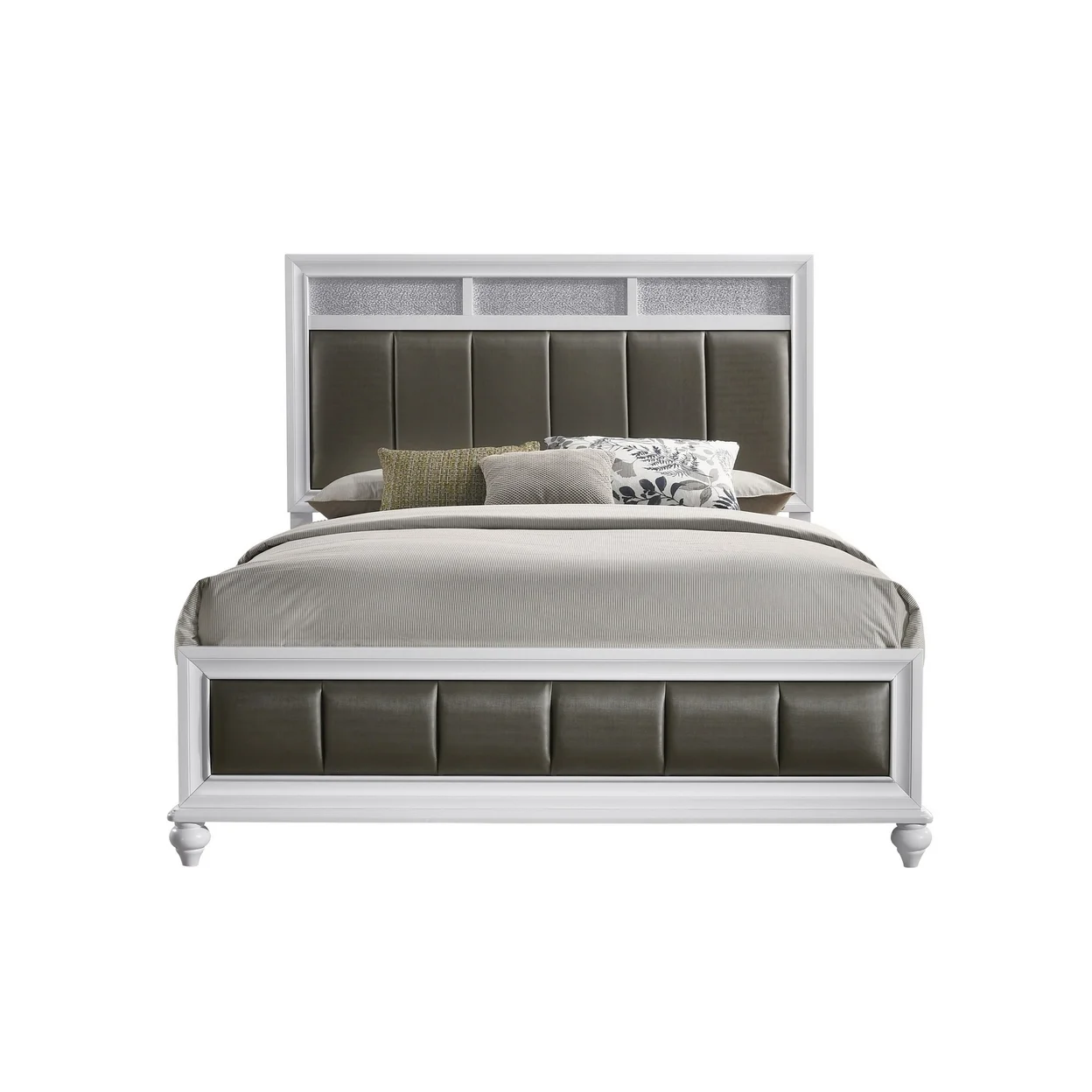 Dini Queen Panel Bed Glitter Headboard Channeled Metallic Gray Upholstery- Saltoro Sherpi