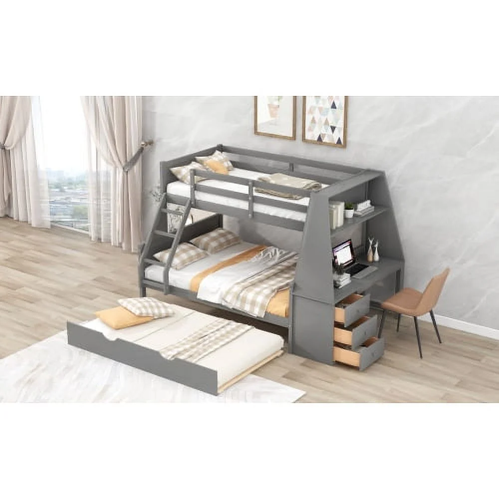 Twin over Full Bunk Bed with Trundle and Built-in Desk, Three Storage Drawers and Shelf,Gray