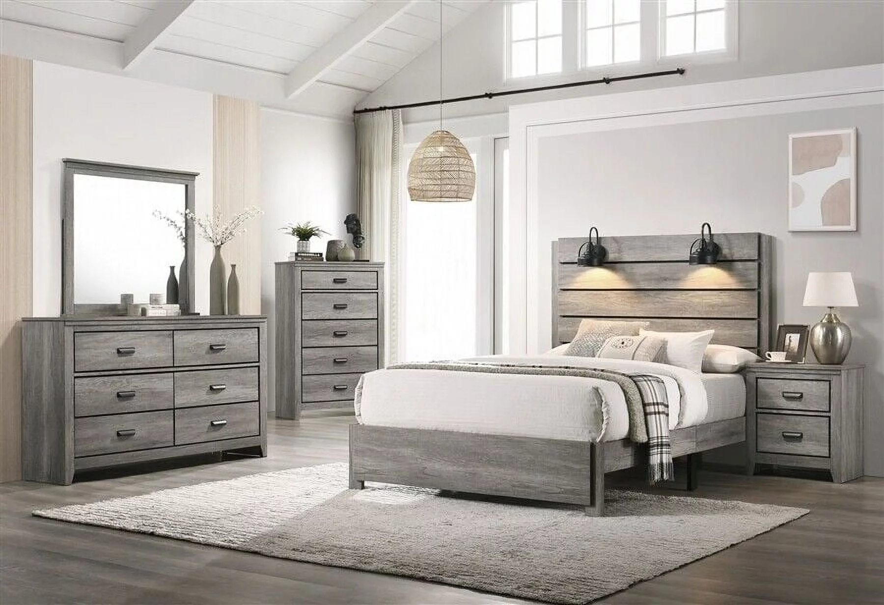 Rustic Gray 6Pc Built in Sconce Light Lamps Platform King Bed Dresser Mirror Nightstands Chest Set Bedroom Furniture