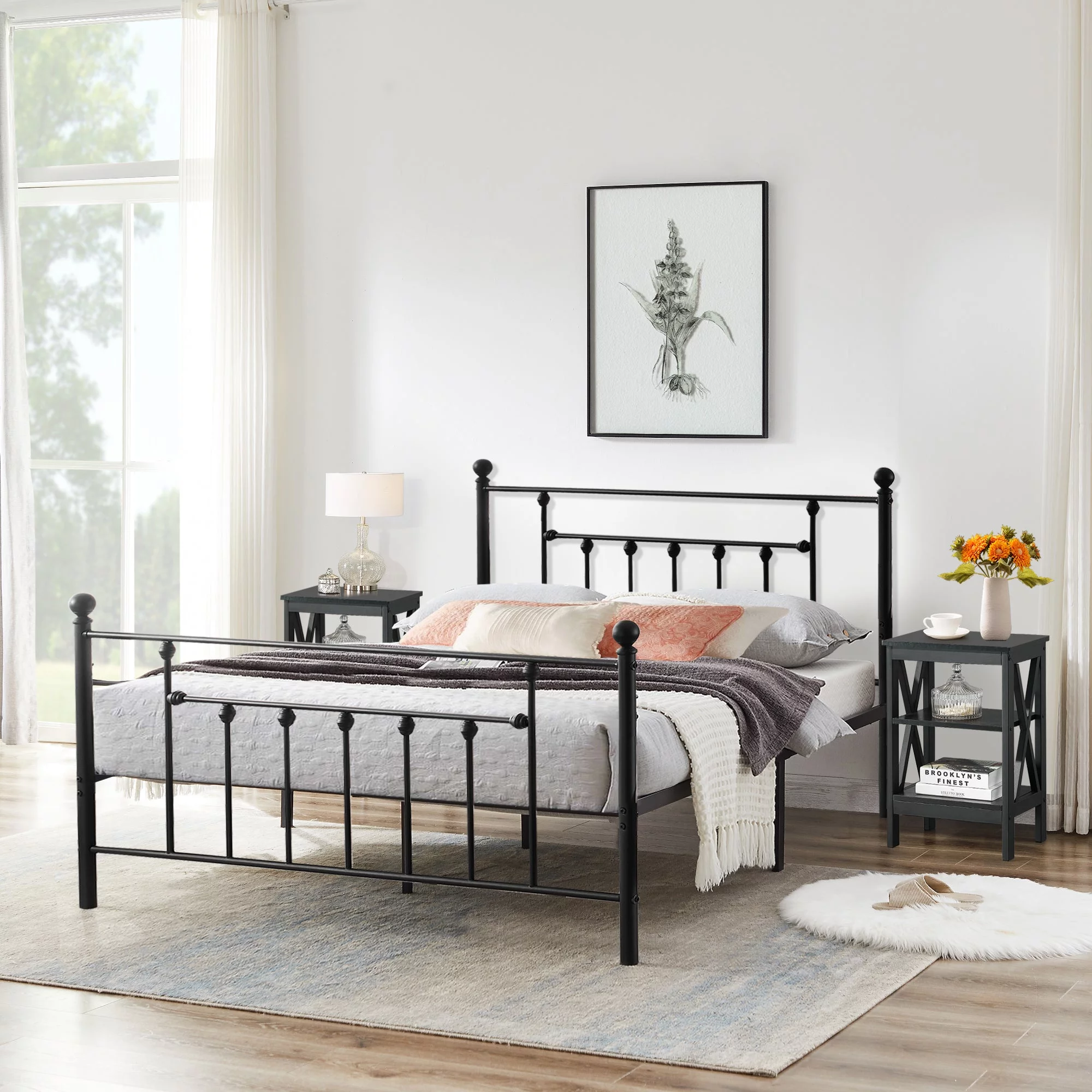 3 Piece Full Size Bedroom Sets Black Metal Bed Frame and 2 Black Nightstands