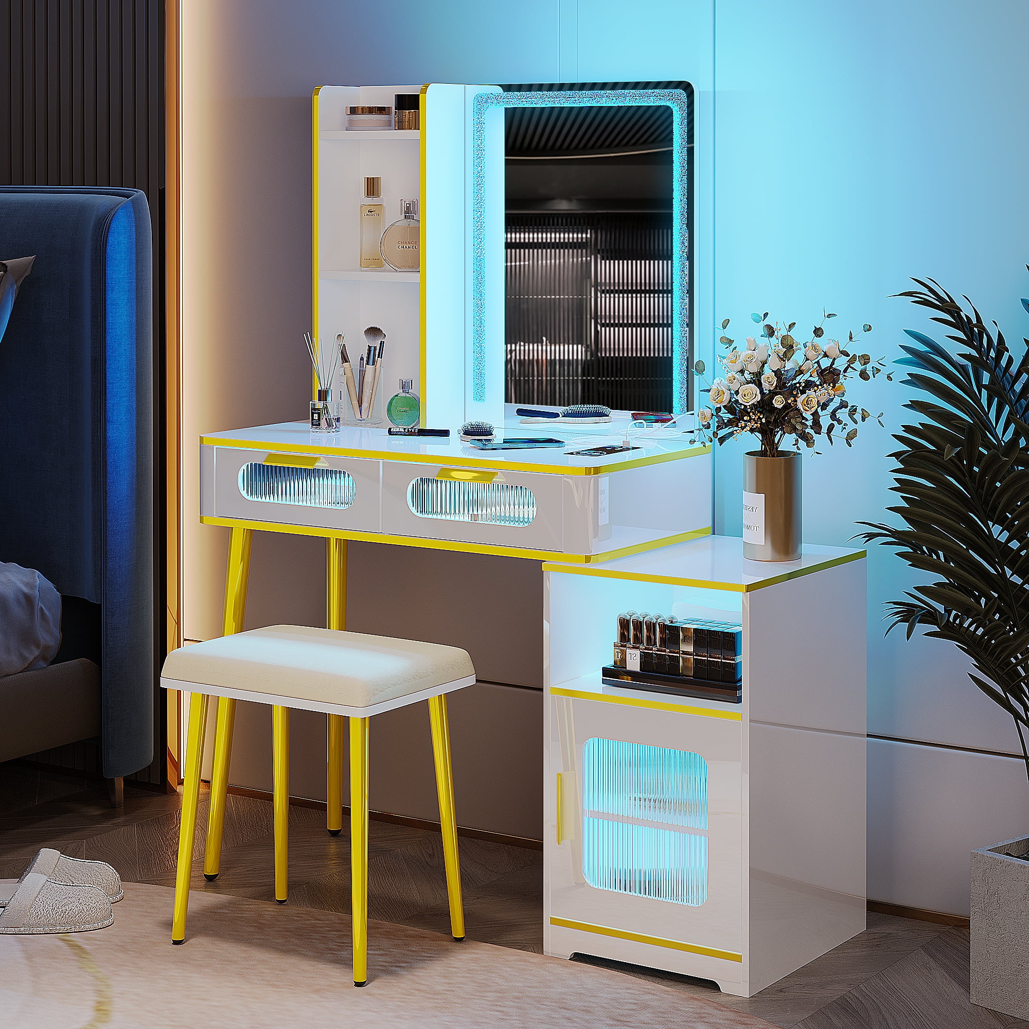 HNEBC Vanity Desk with Mirror and Lights, Vanity Set with Smart Voice Control LED Light, Makeup Vanity Has Wireless/USB/Type-C Charging Station, 2 Drawers, Vanity+Vanity Stool(White)