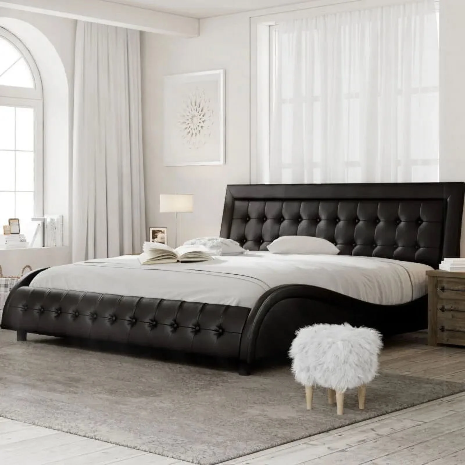Low Platform bed Upholstered Faux Leather Bed Frame, Adjustable Headboard, Bedrooms furniture King Size