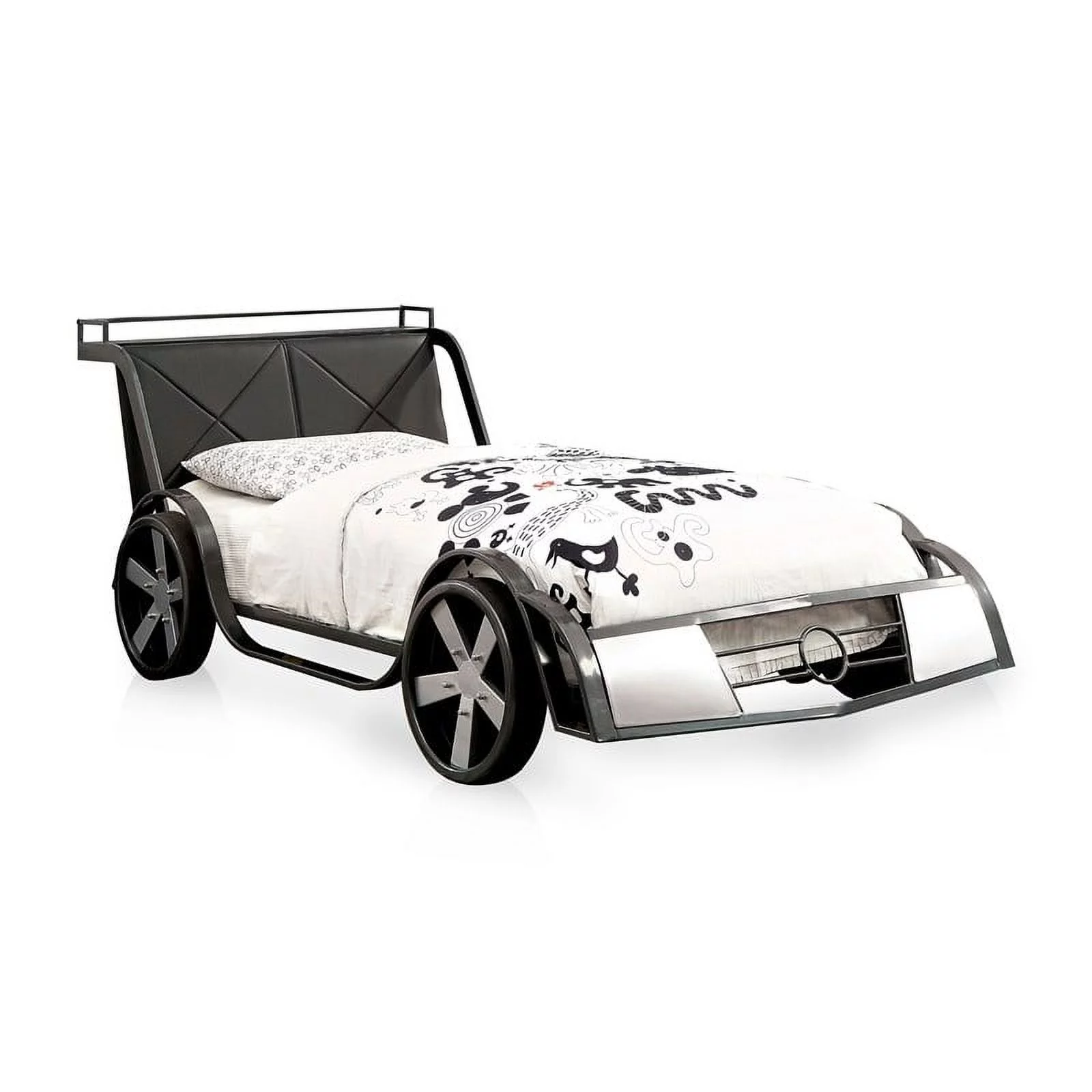 Rosebery Kids Metal Twin Racecar Bed in Gun Metal and Silver