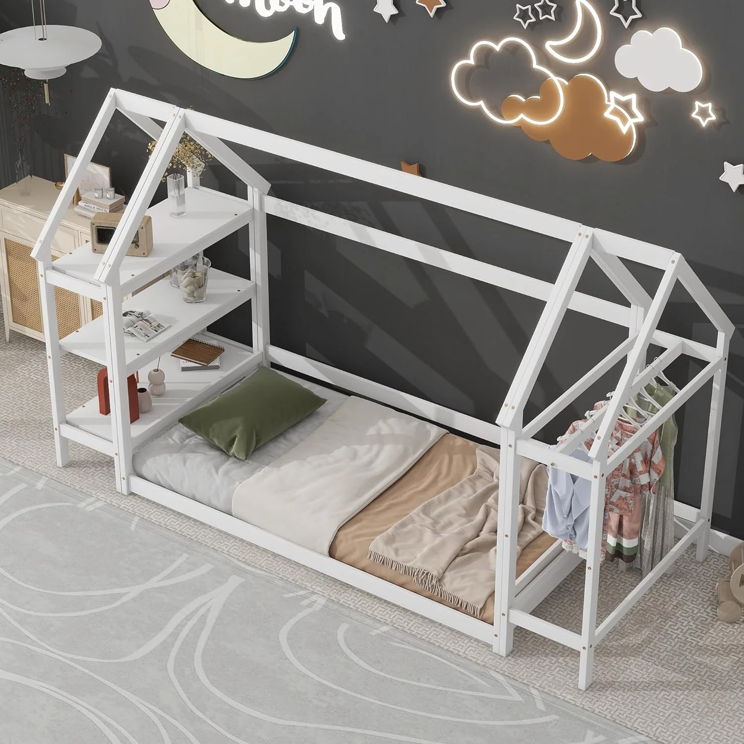 House Bed Size Monessori Floor Bed Frame Wih Sorage Shelves, Wood Bed Frame Wih Roof And 2 Deachable Sands, Box Spring Needed, For Kids eens Girls Boys ( Size, Whie)