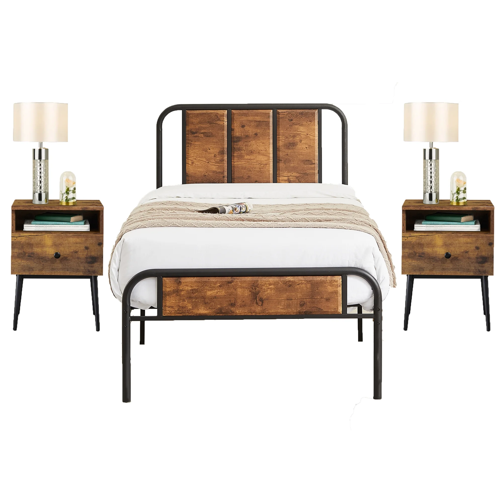 VECELO 3 Piece Bedroom Set Twin Metal Bed Frame And Nightstand (Set of 3)