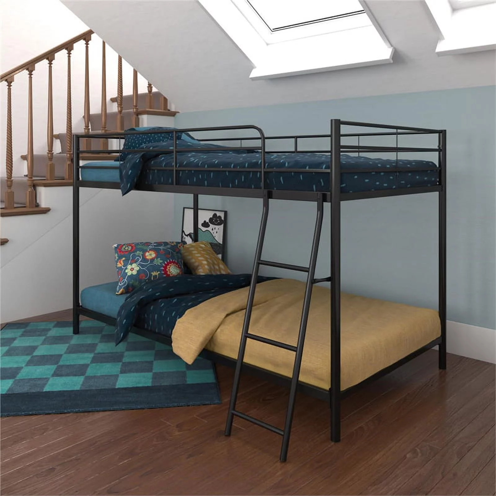 Pemberly Row Junior Modern Metal Twin over Twin Low Bunk Bed for Kids in Black