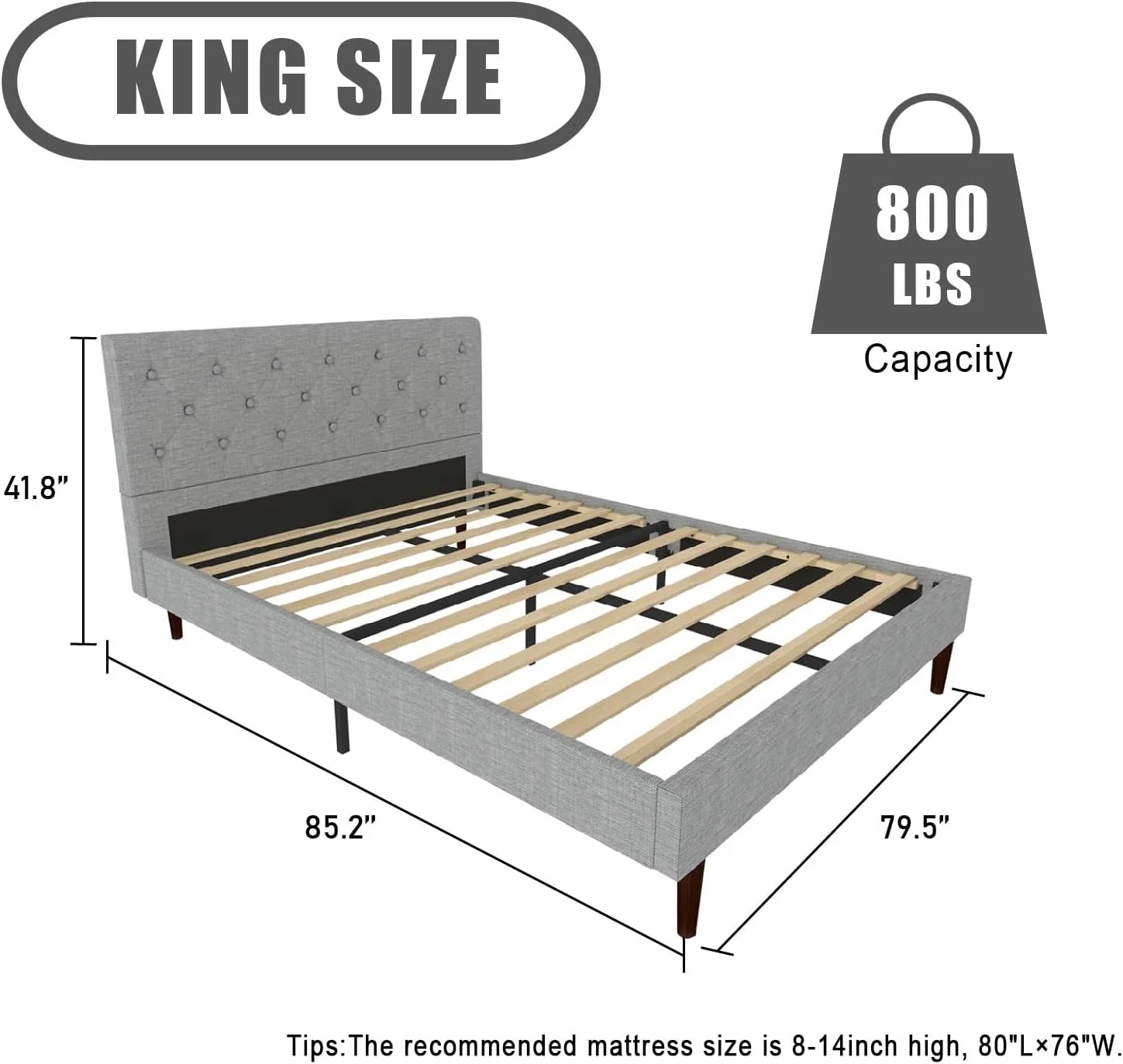 Queen Size Bed Frame Platform with Upholstered Headboard, Wooden Slats Support, No Box Spring Needed, Non-Slip and Noise-Free, Easy Assembly(Light Grey Linen)