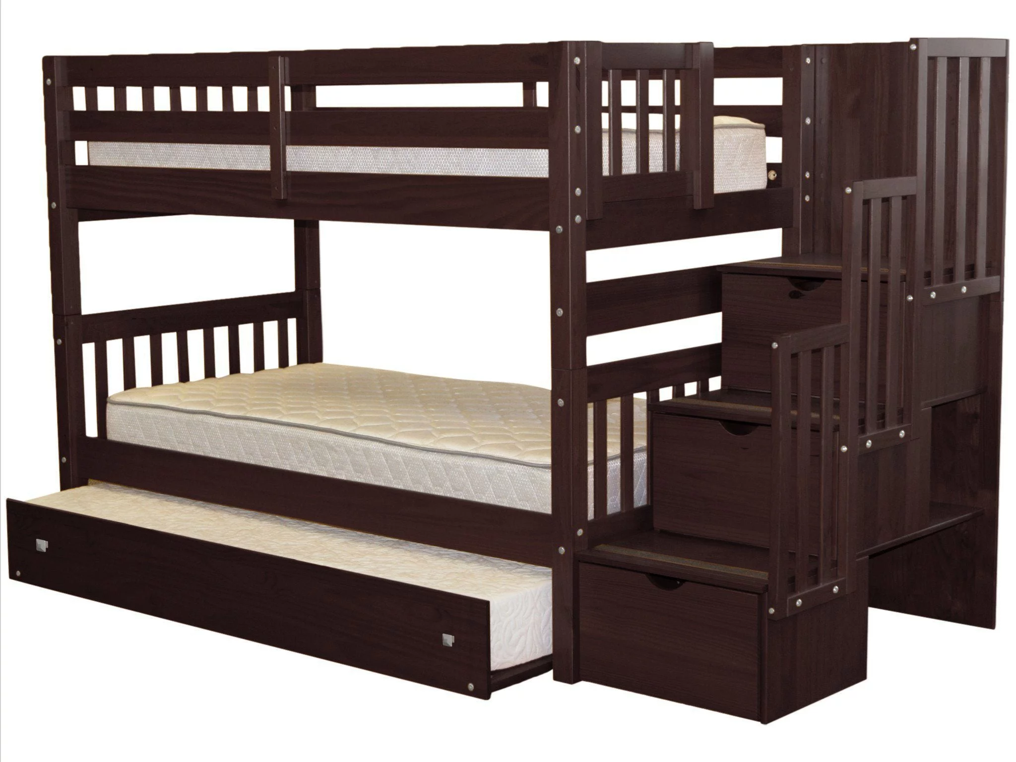 Bedz King Stairway Bunk Beds Twin over Twin with 3 Drawers in the Steps and a Twin Trundle, Dark Cherry