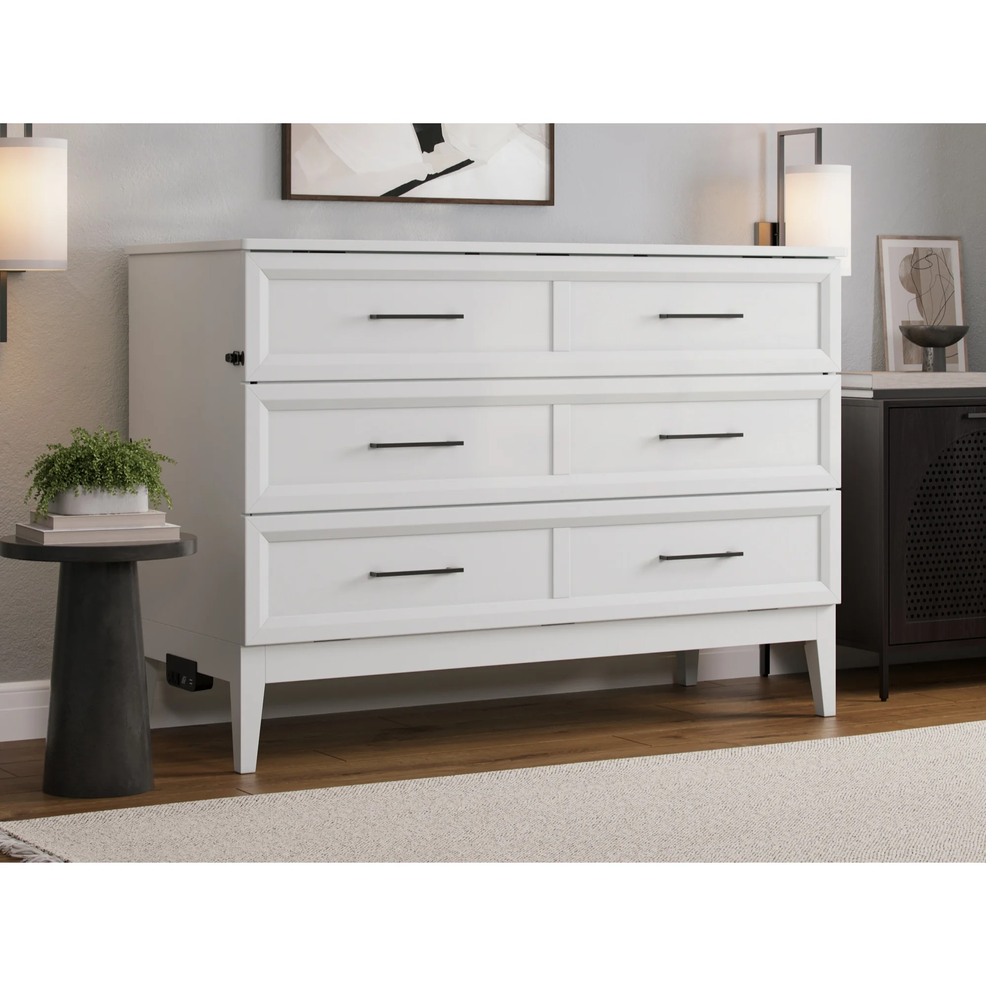 Santa Fe Full Murphy Bed Chest with Mattress & Built-in Charger in White