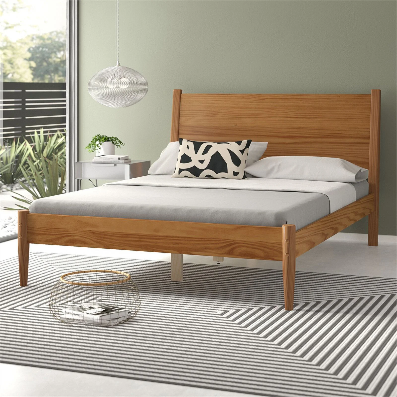 Pemberly Row Mid-Century Solid Wood Queen Panel Bed in Castanho Oak