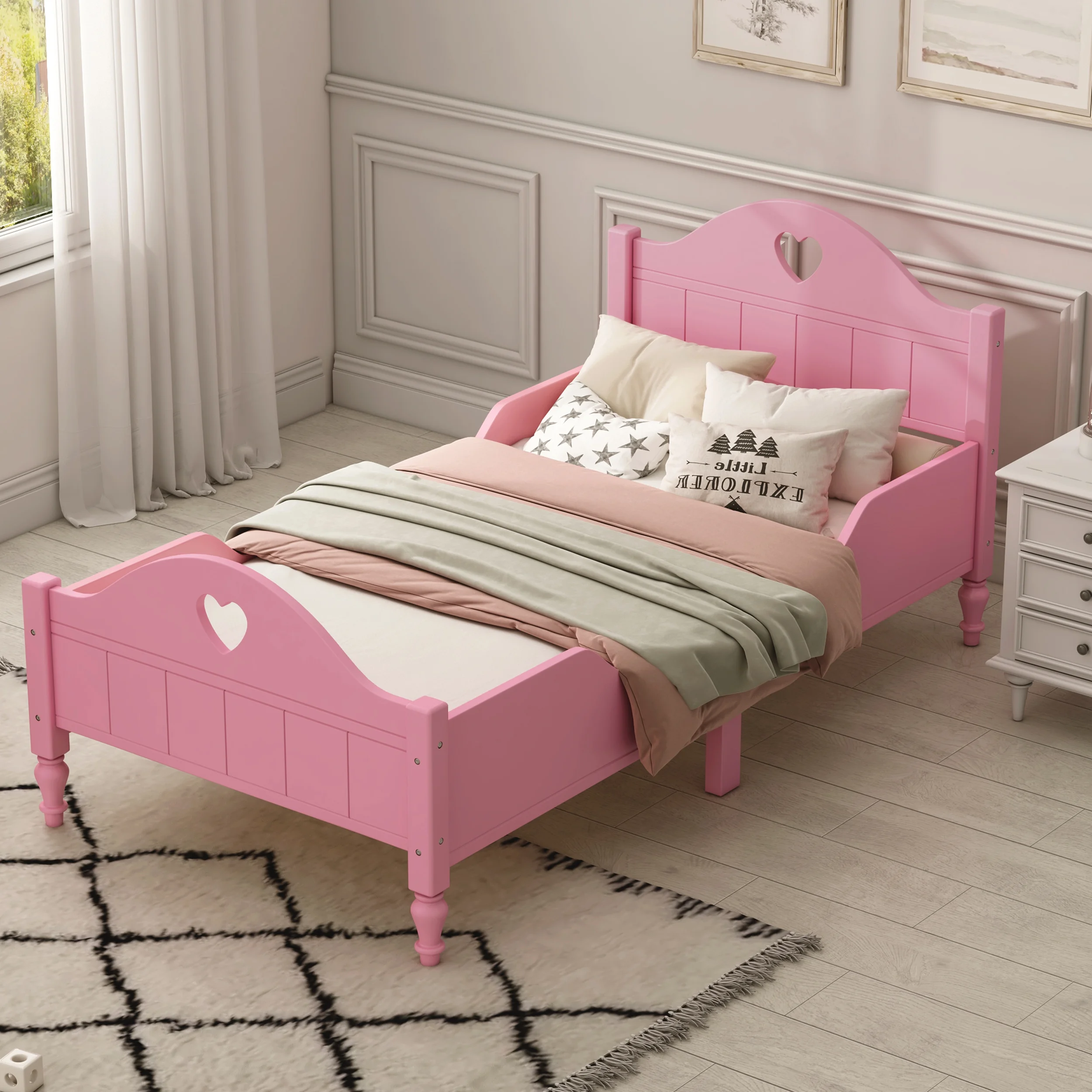 Twin Size Toddler Bed Safe and Stylish Toddler Bed Frame with Side Safety Rails, Headboard,and Footboard-Light Pink