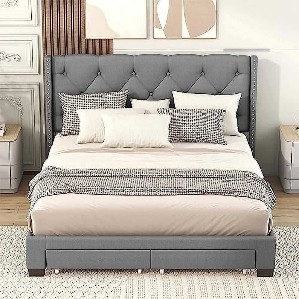 Queen Upholstered Bed With Storage Drawers, Wingback Platform Bed Frame With Tufted Headboard, Wooden Slats Support, No Box Spring Needed (Gray)