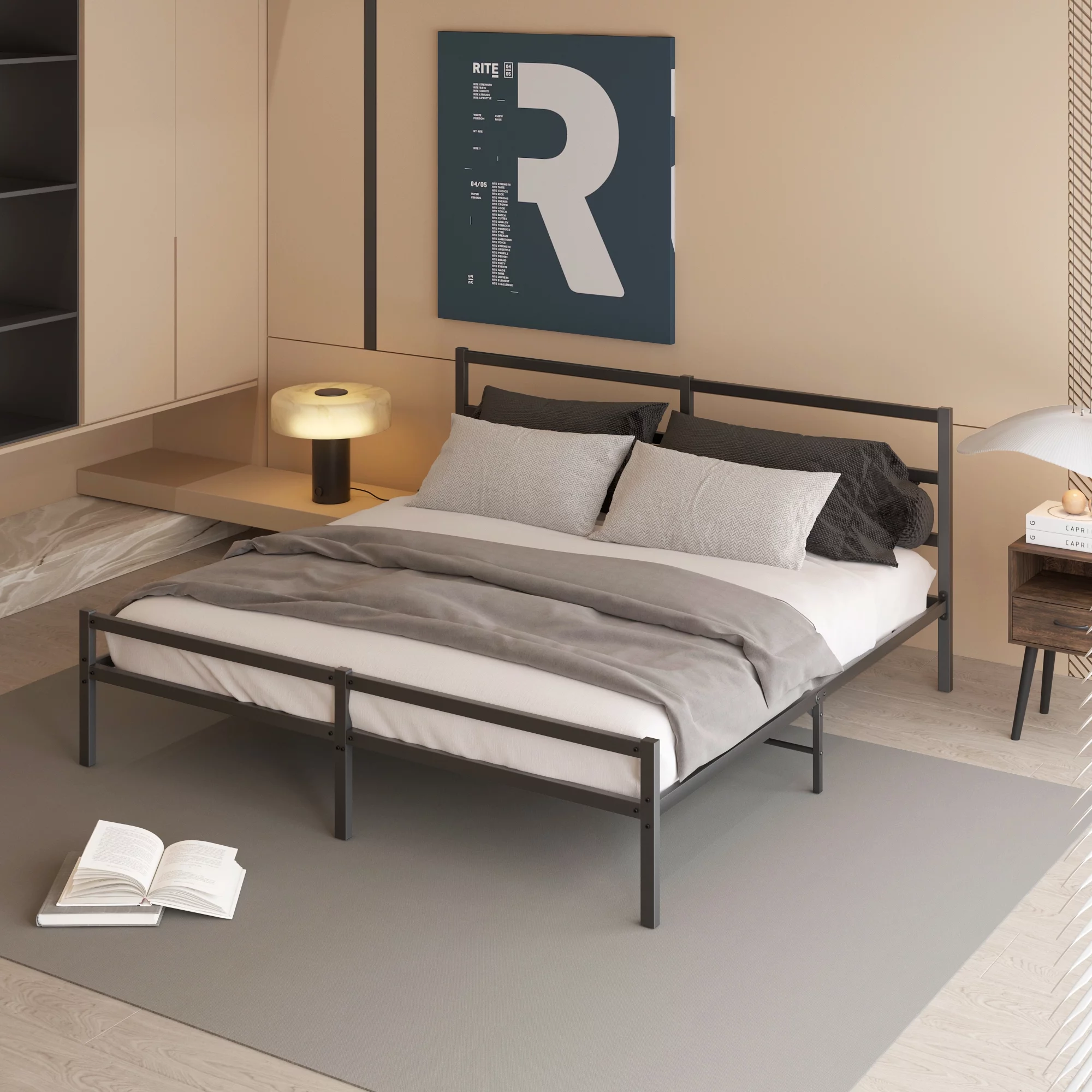 EUROCO Metal Platform Bed with Headboard, King for Living Room