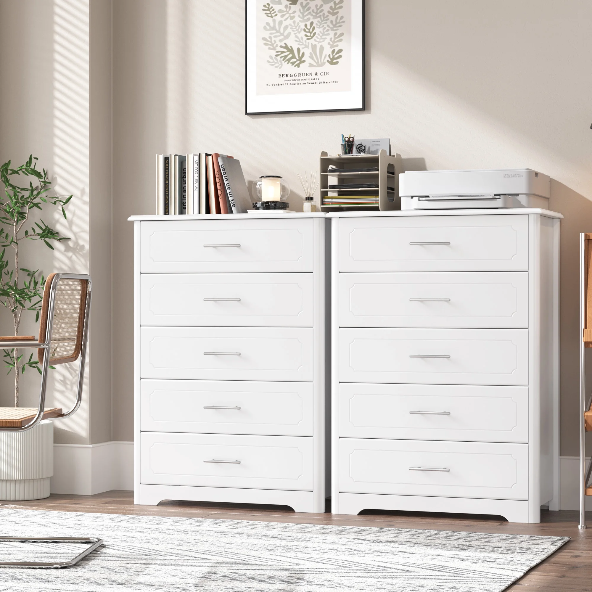 Homfa 5 Drawer White Dresser, Tall Nightstand Wooden Storage Cabinet with Metal Handles for Bedroom Living Room