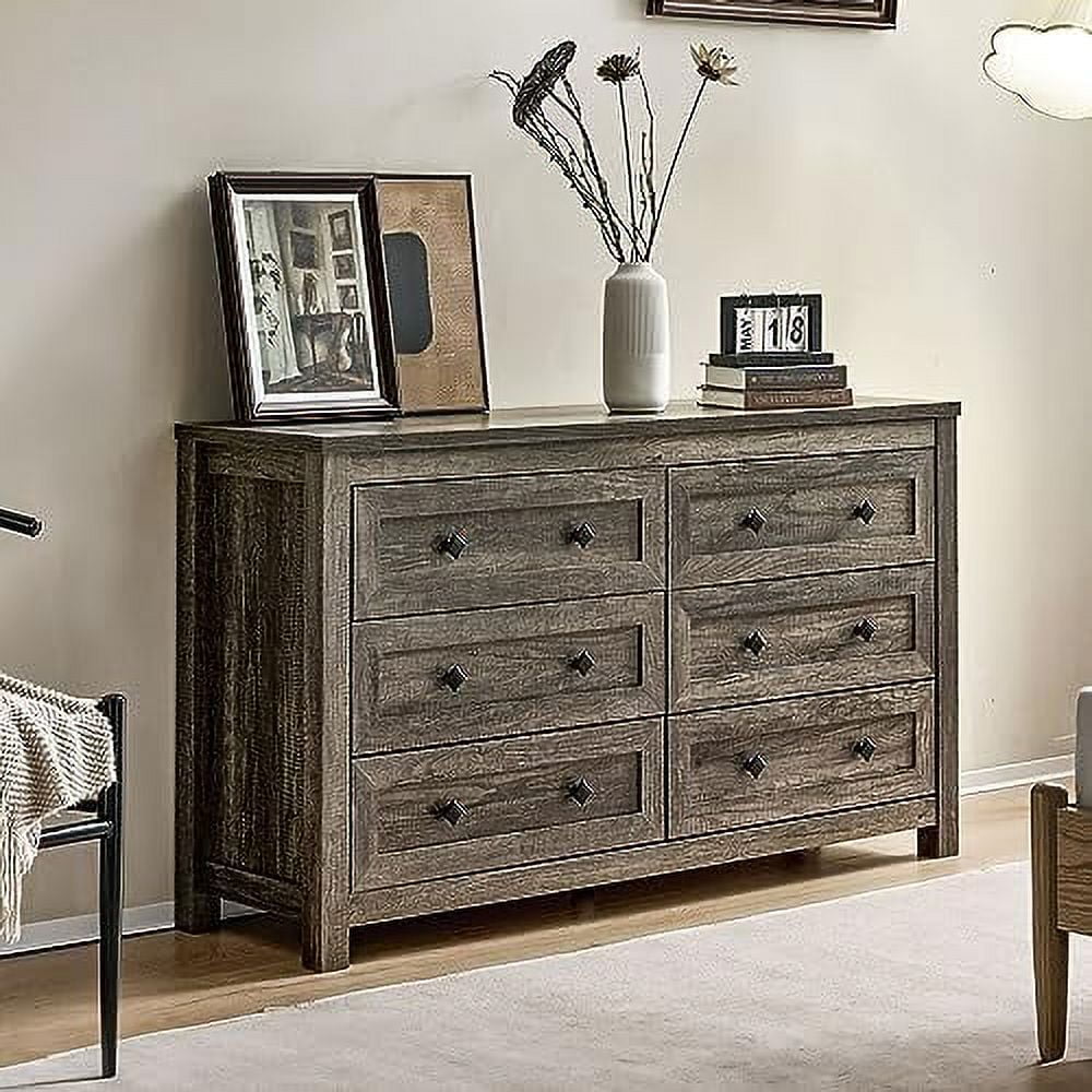 6 Drawers Dresser for Bedroom Farmhouse Wood Chest of Drawers with Vintage Grain Texture Drawer Double Dresser for Bedroom Living Room Hallway Dark Oak