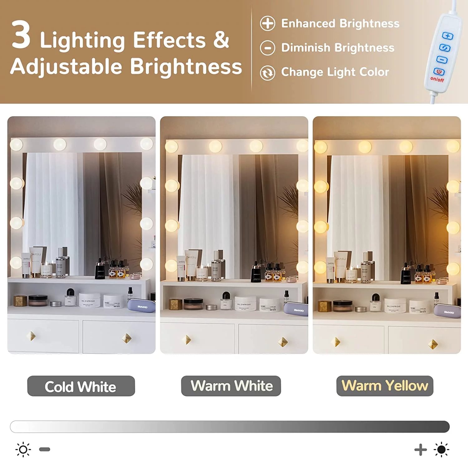 Modern Makeup Vanity with 5 Drawers & Storage Shelves,Vanity Mirror with Lights in 3 Colors, Large Vanity Table with Nightstand Makeup Desk with USB Port Charging Station,White