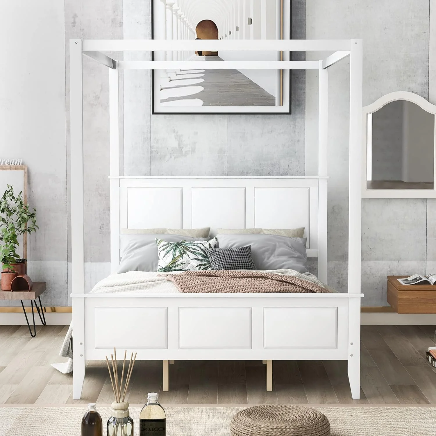 Queen Size Canopy Bed With Headboard And Footboard, Wood Queen Platform Bed With Slat Support, Queen Size Bed For Living Room Bedroom, No Box Spring Needed, White