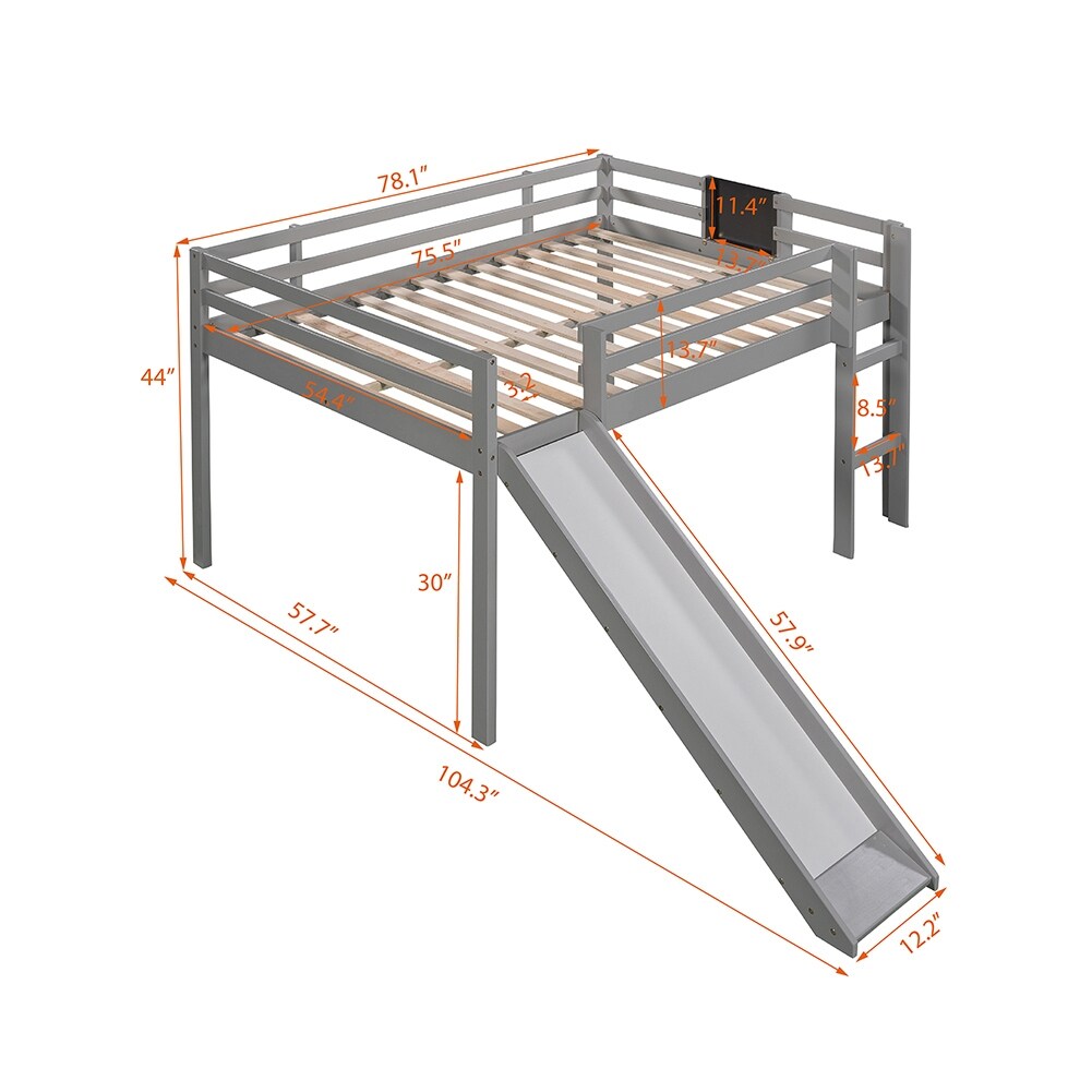 LivEditor Full Size Loft Bed Wood Bed, Convertible Ladder and Slide Grey