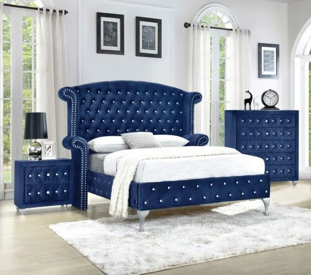 Modern 3Pc Queen Size Bed Chest Nightstand Set Master Bedroom Furniture Blue Velvet Upholstery
