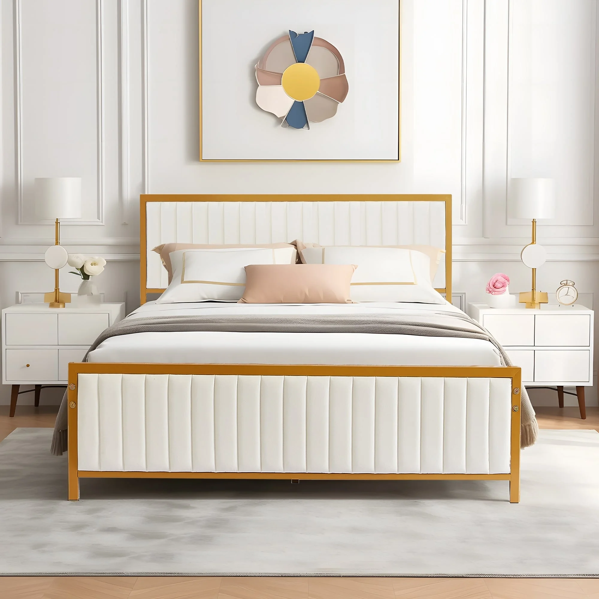 Javlergo Metal Platform Bed Frame with Upholstered Tufted Headboard and Footboard Beige - Full