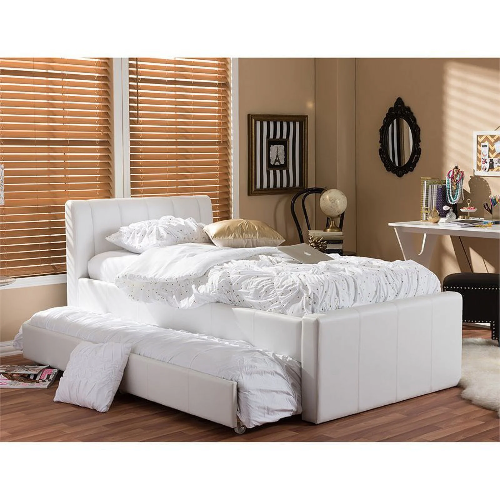 Pemberly Row Modern Faux Leather Twin Platform Bed with Trundle in White