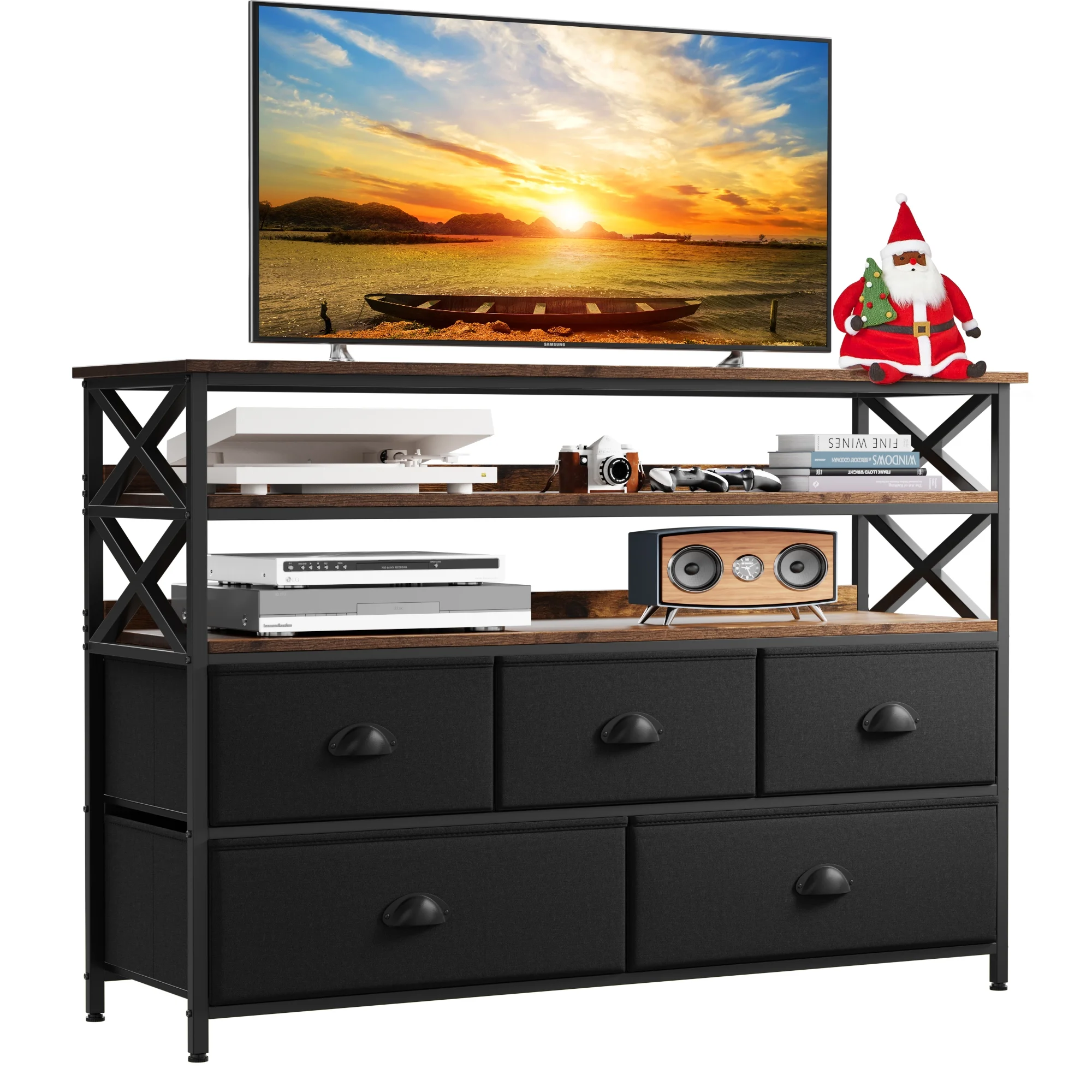 EnHomee Black Dresser for Bedroom TV Stands for 55 inch TV 5 Drawer Dresser with Wood Shelves Entertainment Center TV Dresser for Living Room Entryway Closet