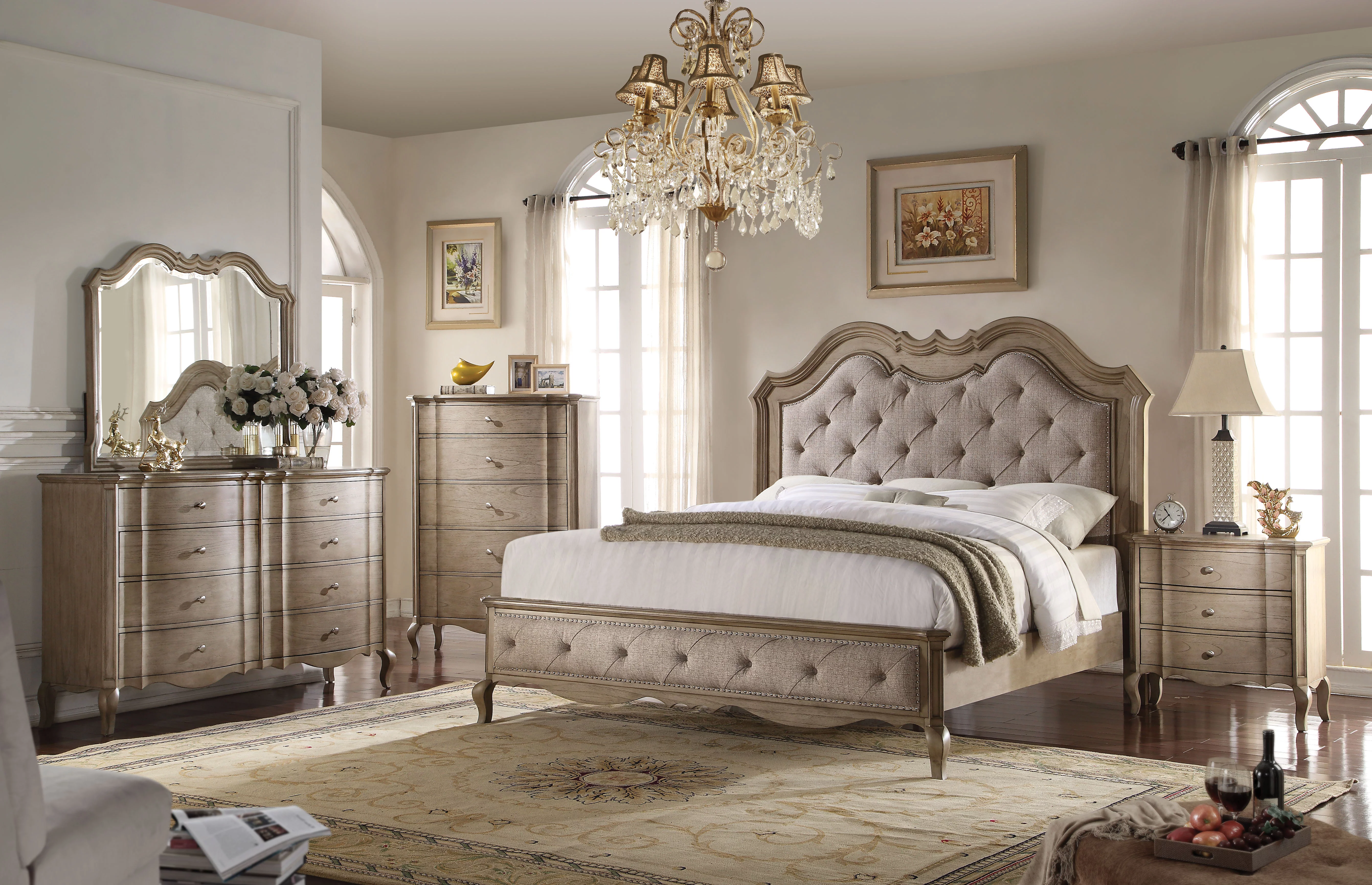 Acme Furniture Chelmsford Beige Fabric and Antique Taupe Panel Bed
