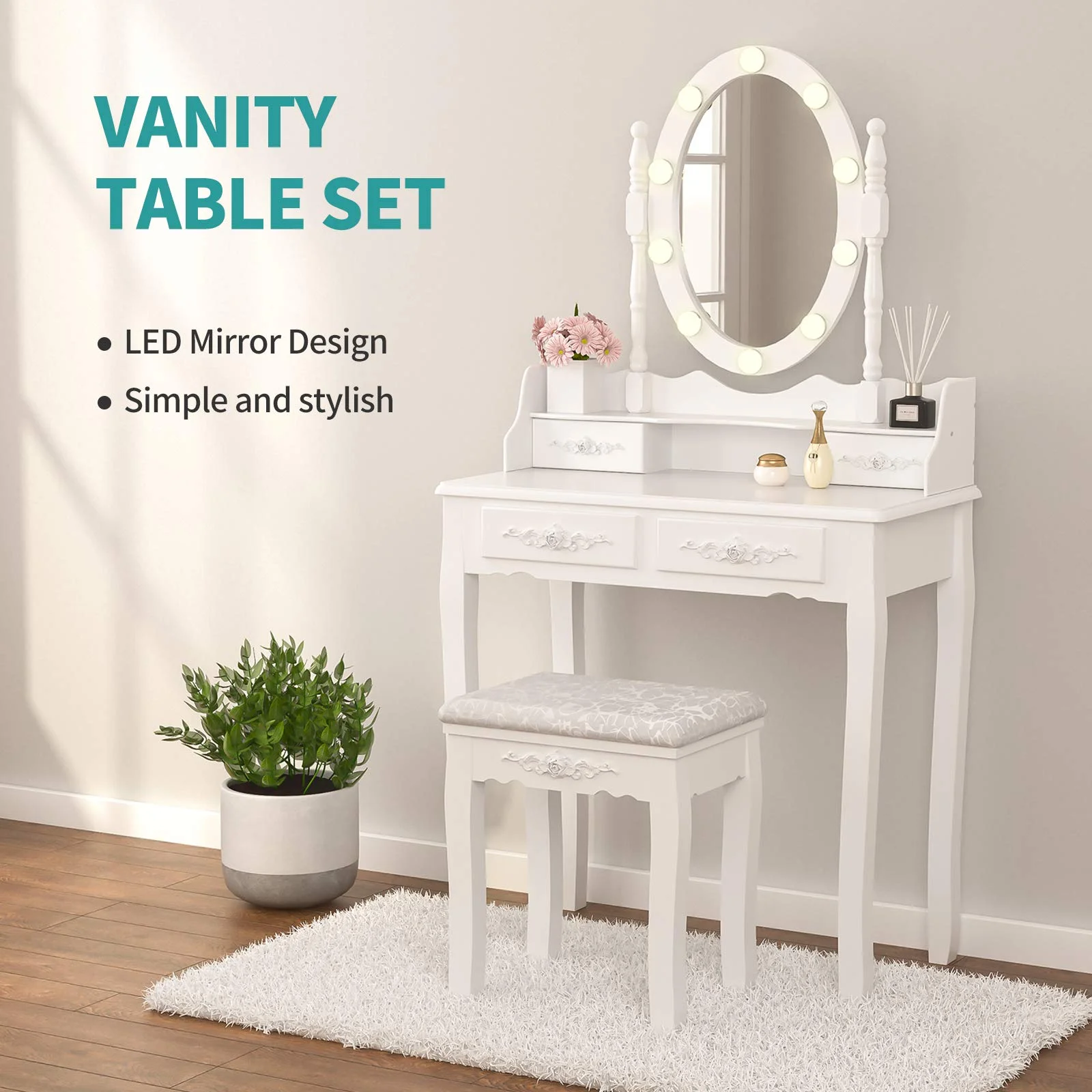 Lumelay Girls Makeup Vanity Set, Dressing Table Desk with Lighted Mirror and Stool, Makeup Table with 4 Drawers for Bedroom, Bathroom, White (Lighted Mirror)