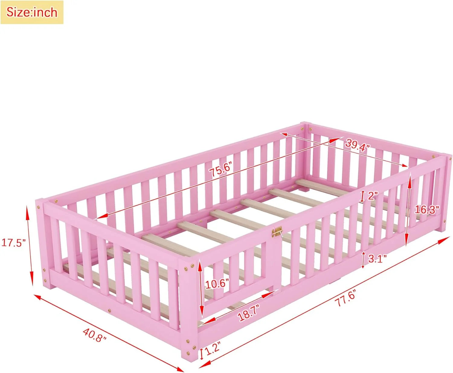Size Floor Bed With Rails, Wood Motessori Floor Bed With Support Slats, Kids Bed Frame With Door Desig For Boys,Girls, Pik
