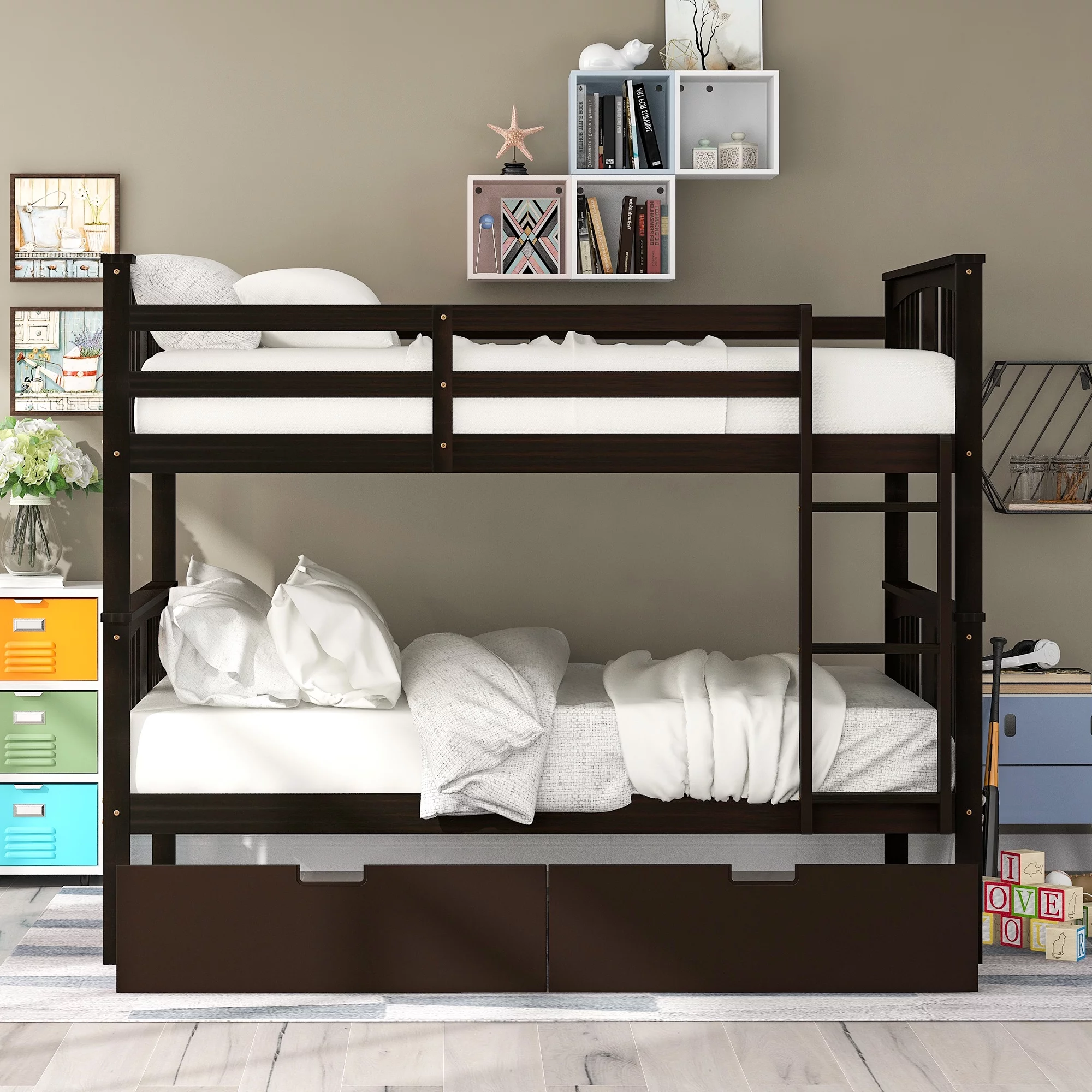 CoSoTower Full Over Full Bunk Bed With Drawers And Ladder For Bedroom, Guest Room Furniture-Espresso