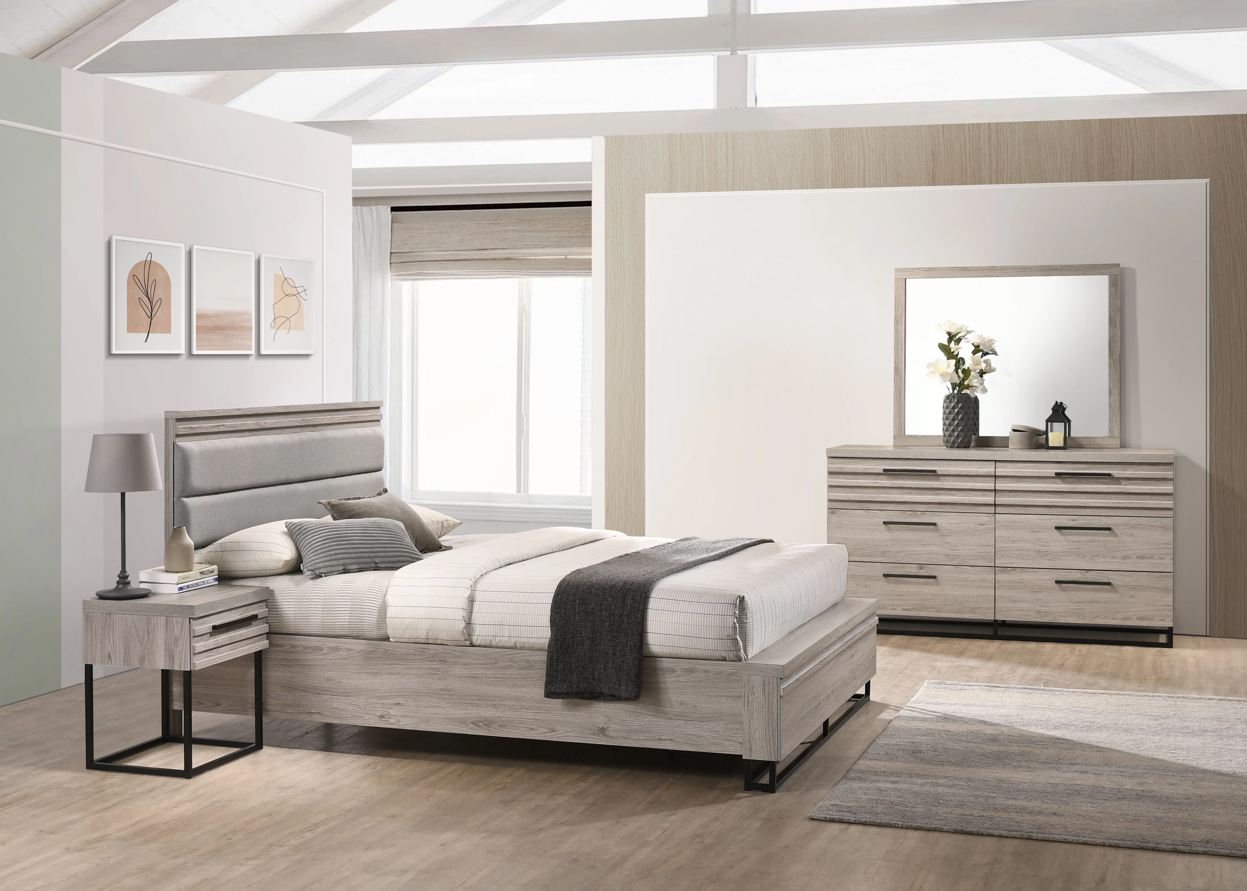 Roundhill Furniture Alvear Upholstered Wood Panel Bed, Dresser, Mirror, and Nightstand, Weathered Gray, Queen