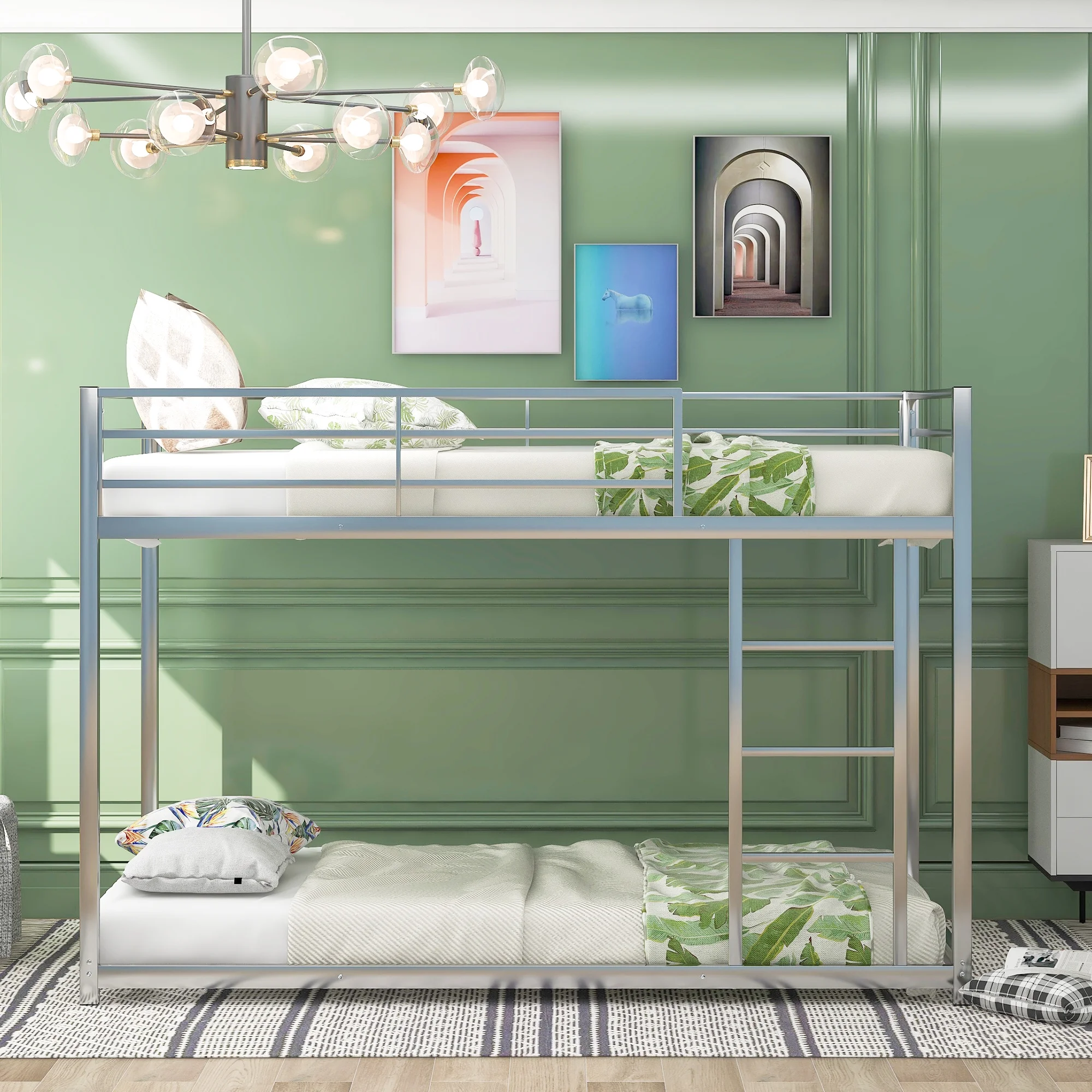 Euroco Metal Twin over Twin Bunk Bed with Storage Shelf for kids Room, Silver