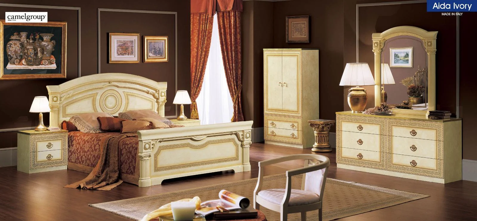 Lacquer Finish King Bedroom Set 5Pcs Made in Italy ESF Aida Ivory Gold