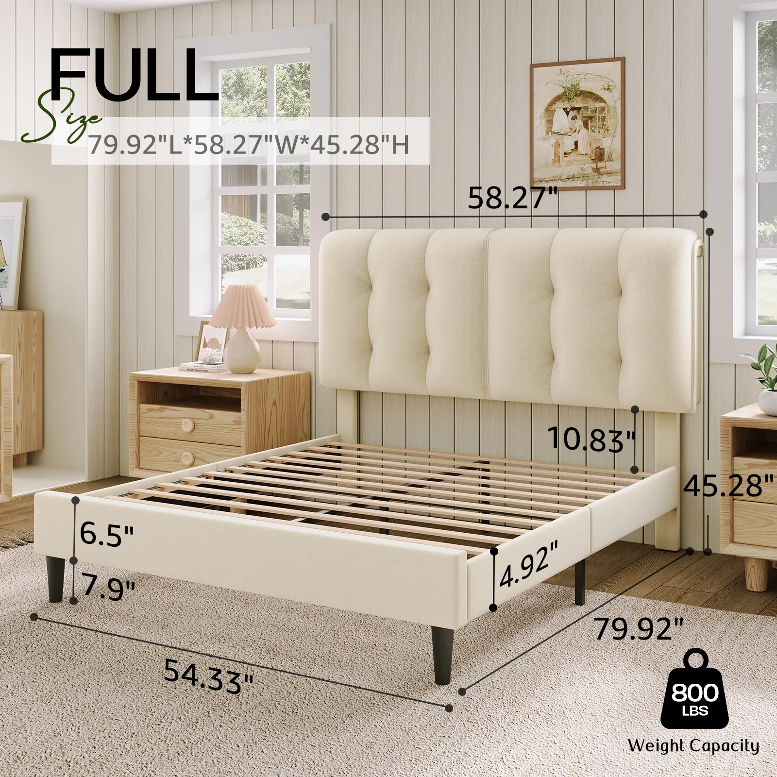 PaPaJet Full Size Bed Frame with Adjustable Headboard, Modern Upholstered Platform Bed with Velvet Thick Backrest/No Box Spring Needed, Cream