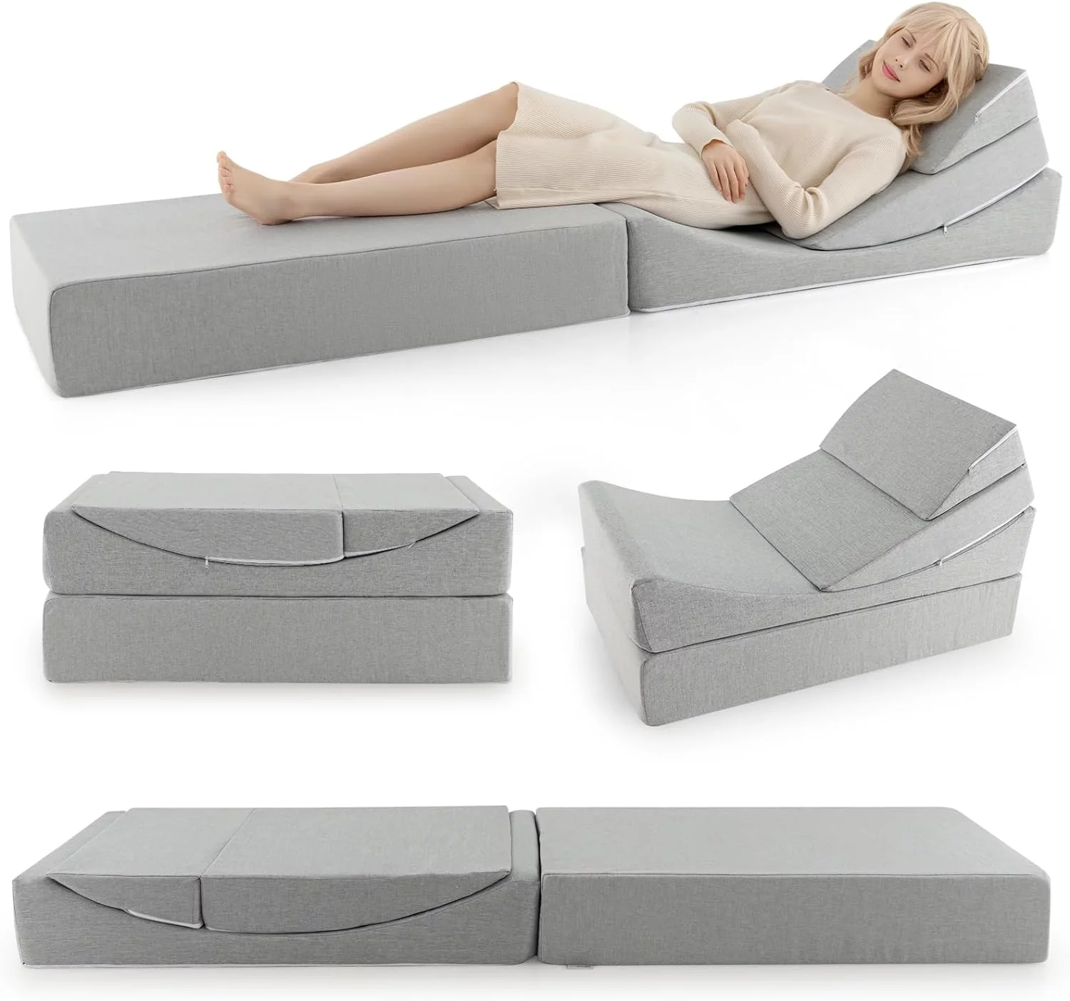 Giantex Convertible Folding Sofa Bed, 4-in-1 Floor Futon Sleeper Chair with High-Density Foam, Removable & Washable Linen Fabric Cover, Foldable Single Couch Bed for Living Room, Guest Use, Road Trip