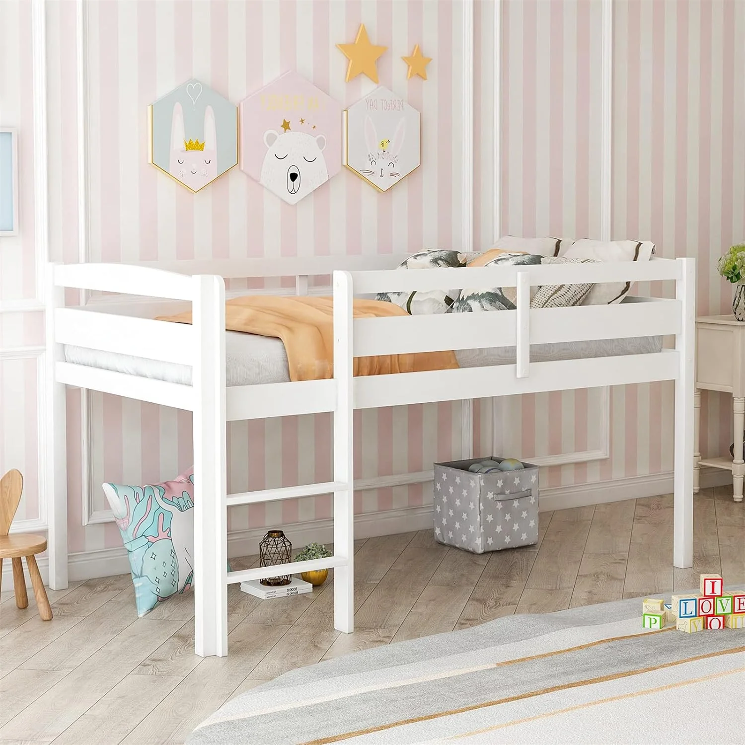 Bellemve Low Loft Bed Size Wooden Loft Bed Frame With Ladder For Kids Girls Boys Teens, White