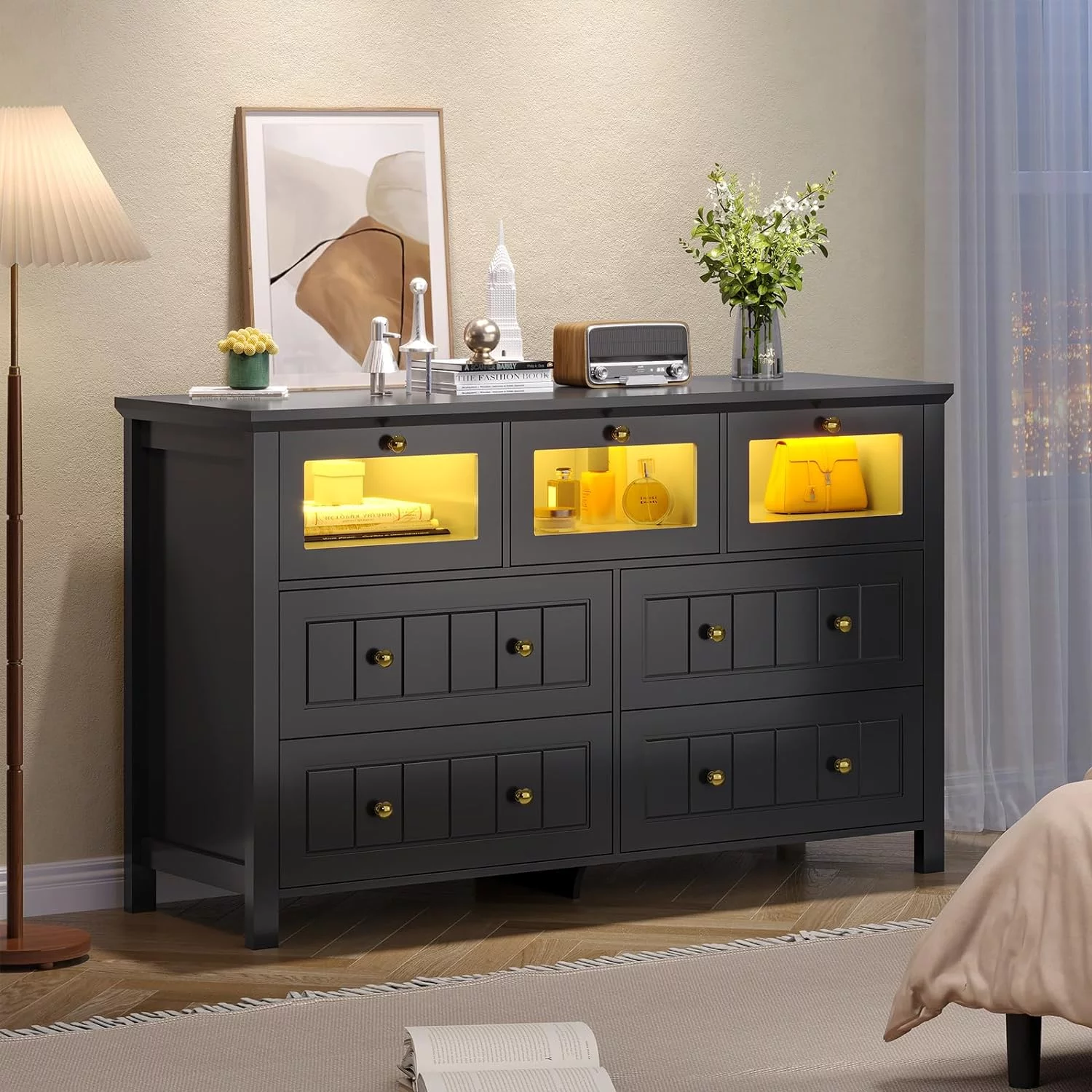 Afuhokles Modern 7 Drawer Dresser for Bedroom with Led Light, Chests of Drawer with Milled Grooves Design, Wide Storage Organizer, Black