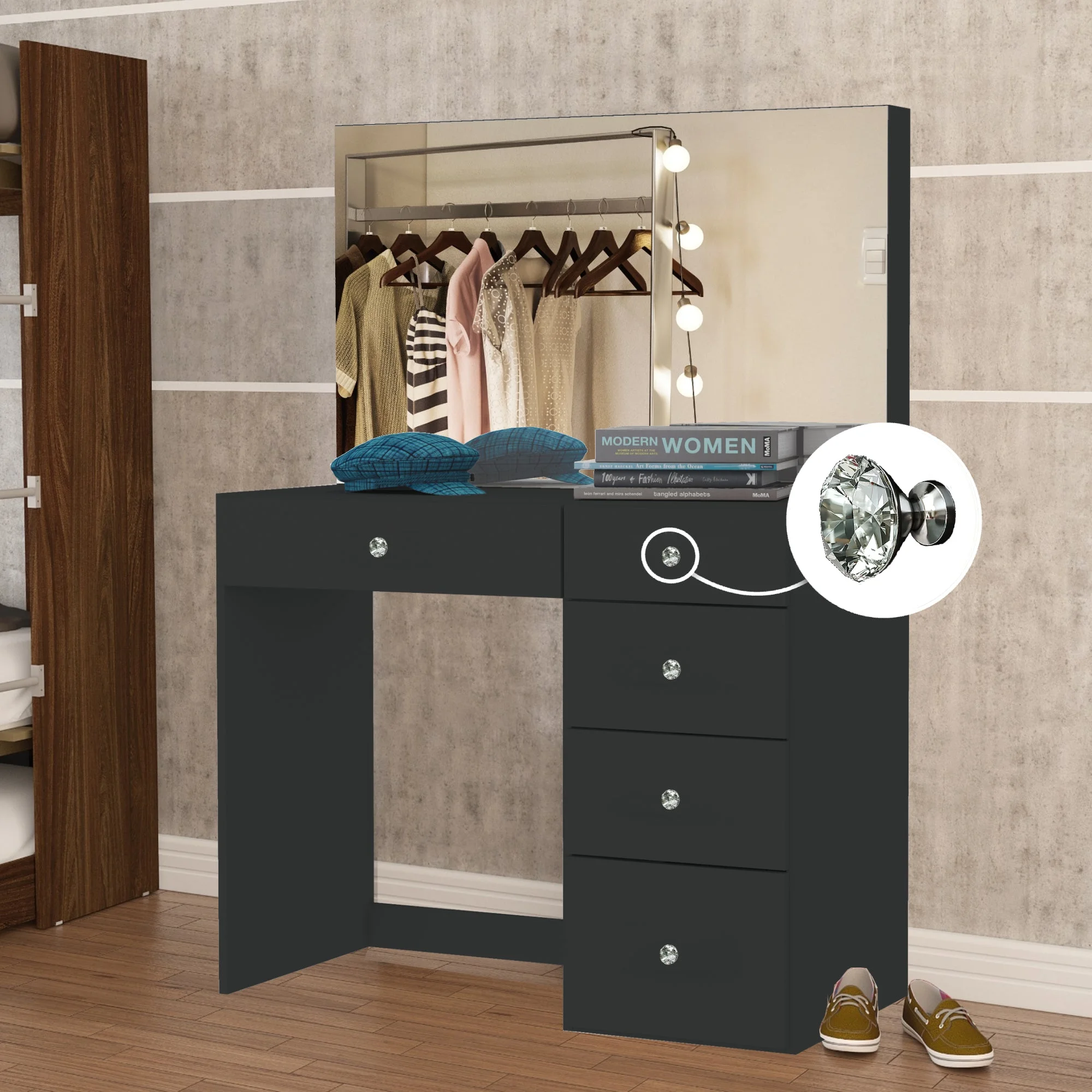 Boahaus Kira PRO Modern Makeup Vanity, 5 Drawers, Mirror, Crystal Knobs, Black, for Bedroom