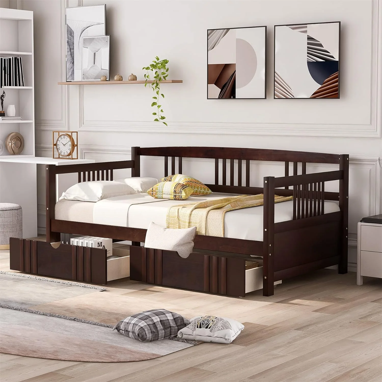 Size Daybed Frame Wih 2 Drawers, Woode Sofa Bed For Bedroom Livig Room, Wood Low Plaform Bed Wih Sorage Drawers, Bedroom Furiure For Kids ees (Espresso)