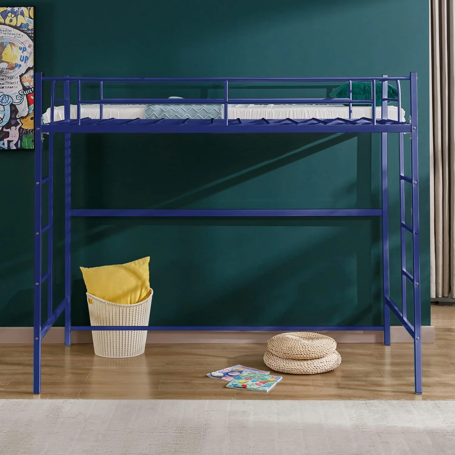 Cuoote Loft Bed, Multifunctional Twin Size Loft Bed with Ladder and Guardrail, Space-Saving, No Box Spring Needed, Modern Industrial Style (Navy Blue)