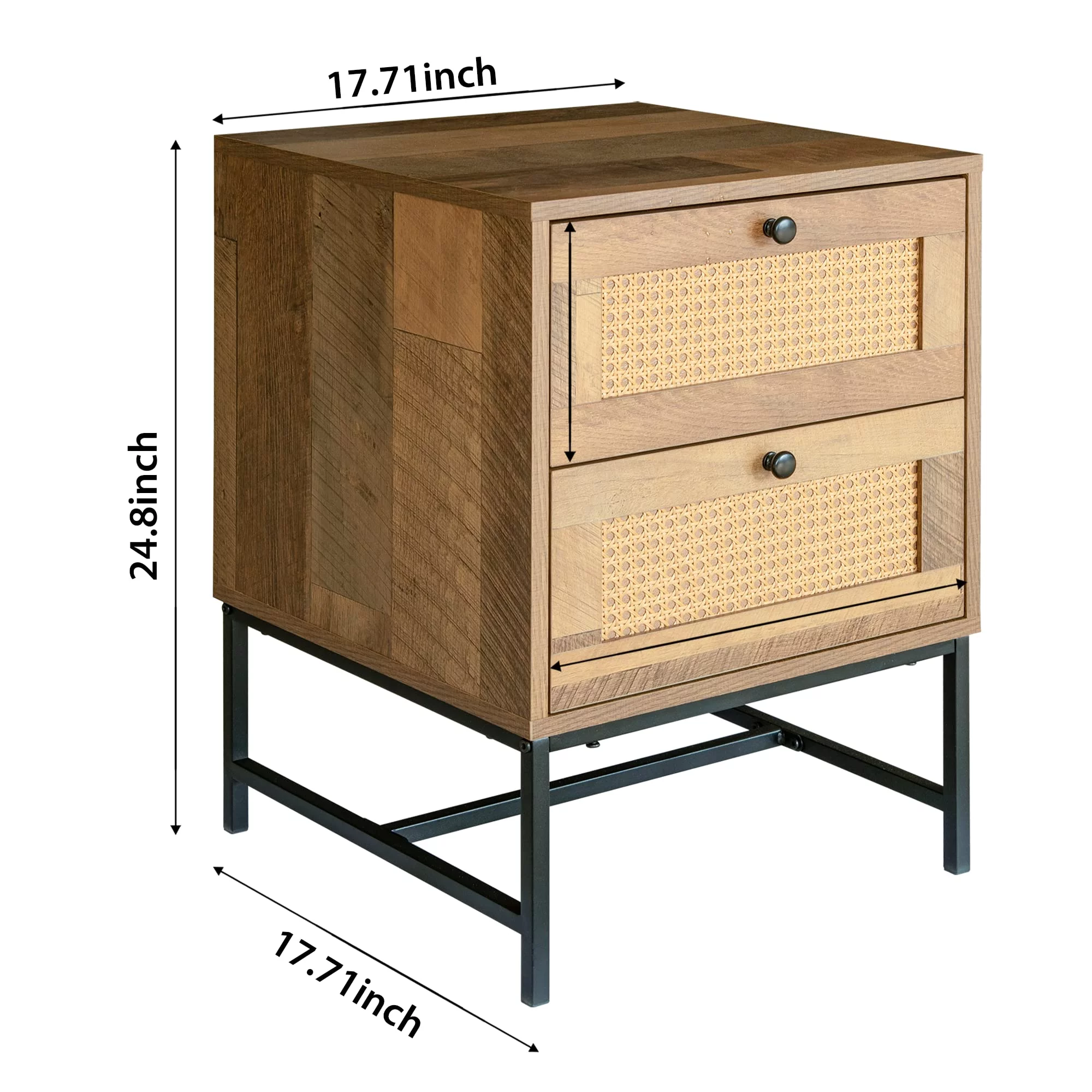 GIA Design Group 25 Inch Rattan Nightstand with 2Drawer,End Table with Black Metal Base,Mix Oak