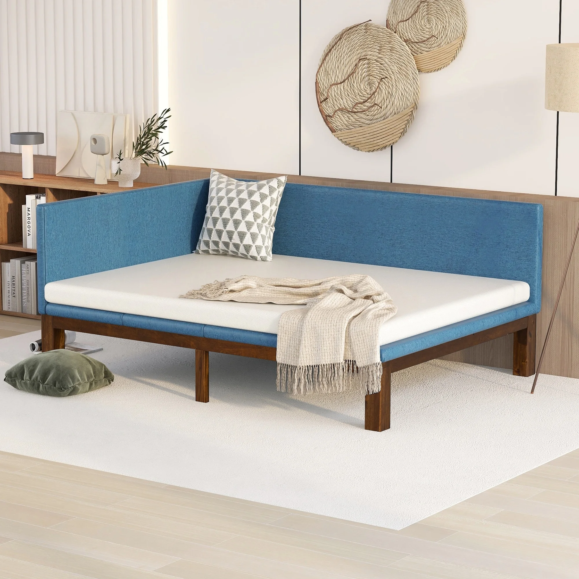 Full Size Upholstered Daybed, Wood Daybed Frame with Solid Slats Support, Linen Fabric Sofa Bed with A Backrest & Armrests, Blue