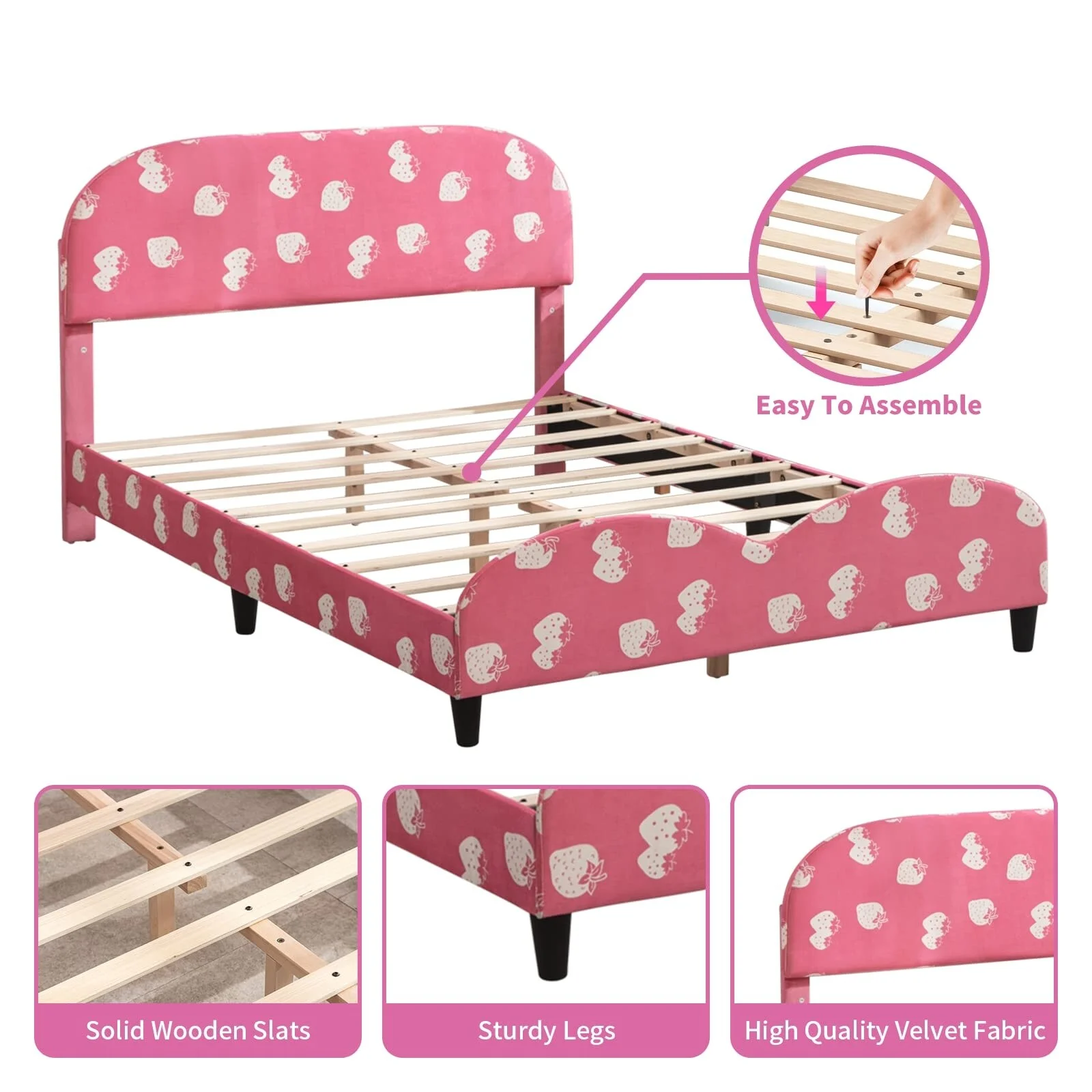 Kids Bed Frame with Headboard, Upholstered Platform Bed with Slatted Bed Base Twin