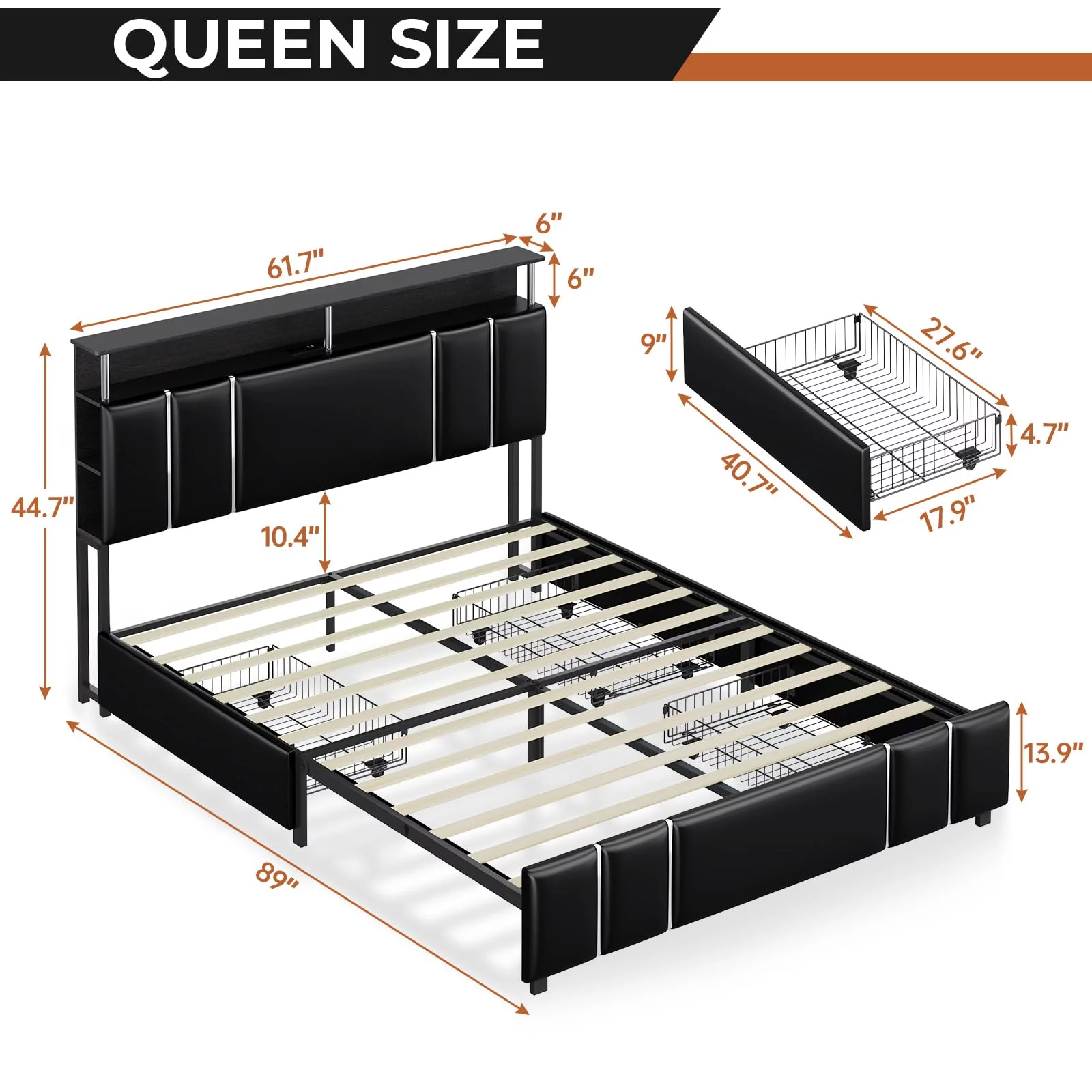 Queen Size Upholstered Platform Bed with 4 Storage Drawer, LED Bed Frame with Charging Station, Black