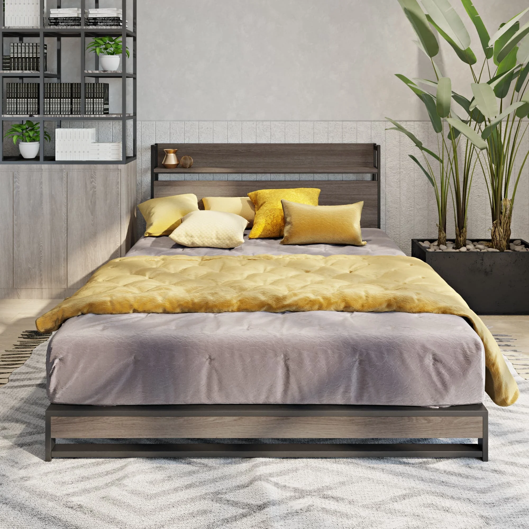 SogesPower Platform Queen Bed with Socket, Fast Assemble Design