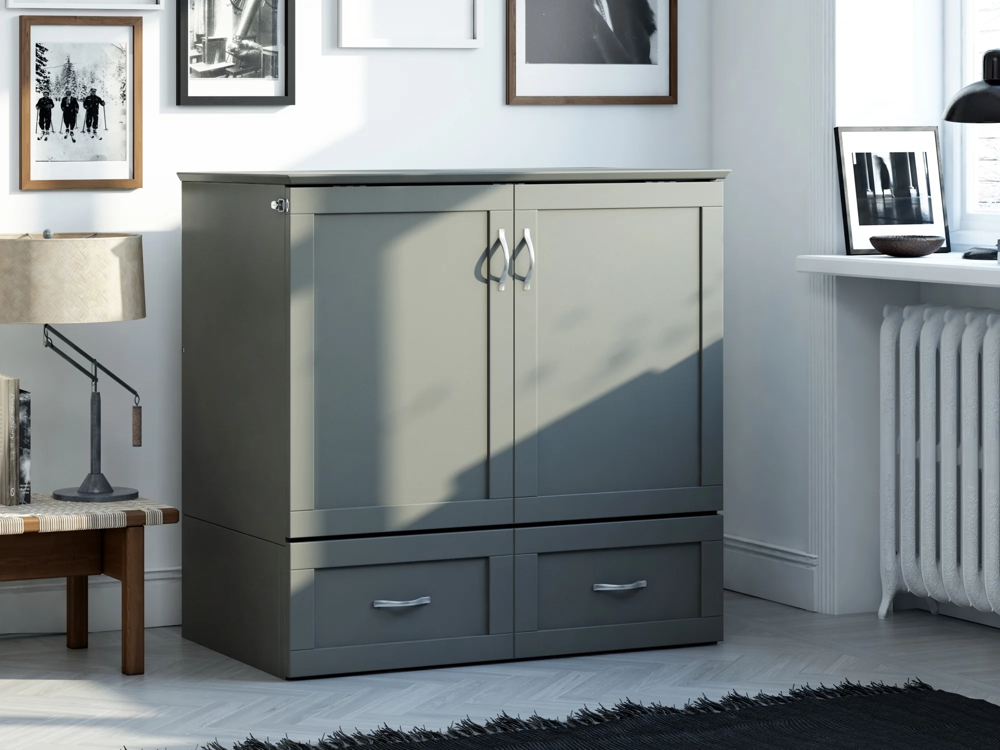 AFI Hamilton Twin XL Solid Wood Murphy Bed Chest with Mattress, Drawer and Charger, Grey