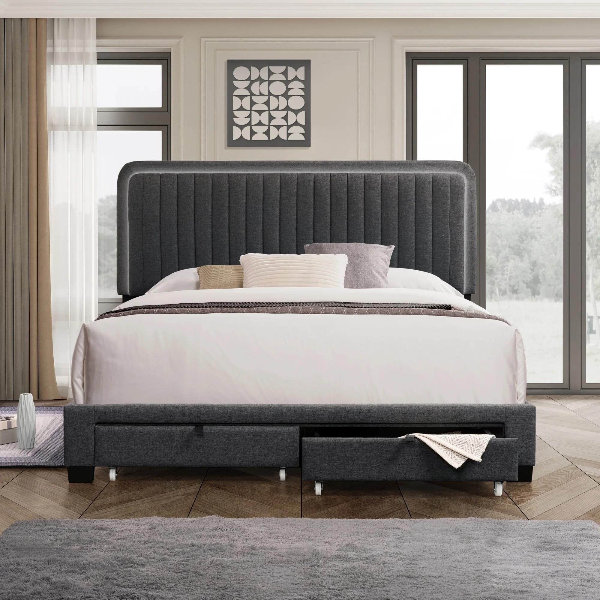 Ufurpie Queen Size Linen Upholstered Platform Bed with Sensor LED Light,Bed Frame with Adjustable Headboard and 2 Footboard Drawers,NO Box Spring Required,Dark Gray