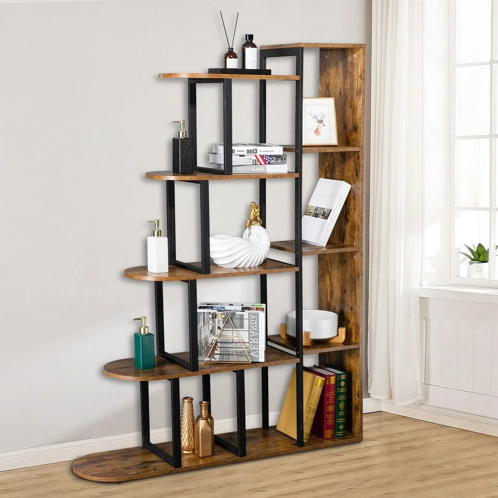 5 Shelf Geometric Bookcase Freestanding Corner Ladder Shelf Retro Brown