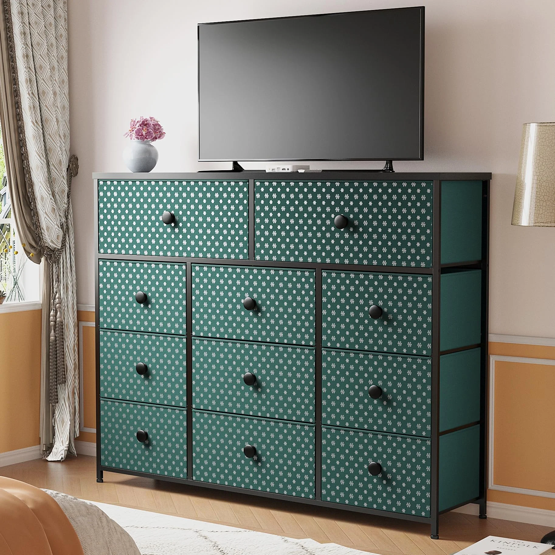 EnHomee Dresser for Bedroom with 11 Drawer Tall Dresser with Large Drawers TV Stand Dressers & Chest of Drawers Storage Dresser for Living Room Closet Nursery, Green