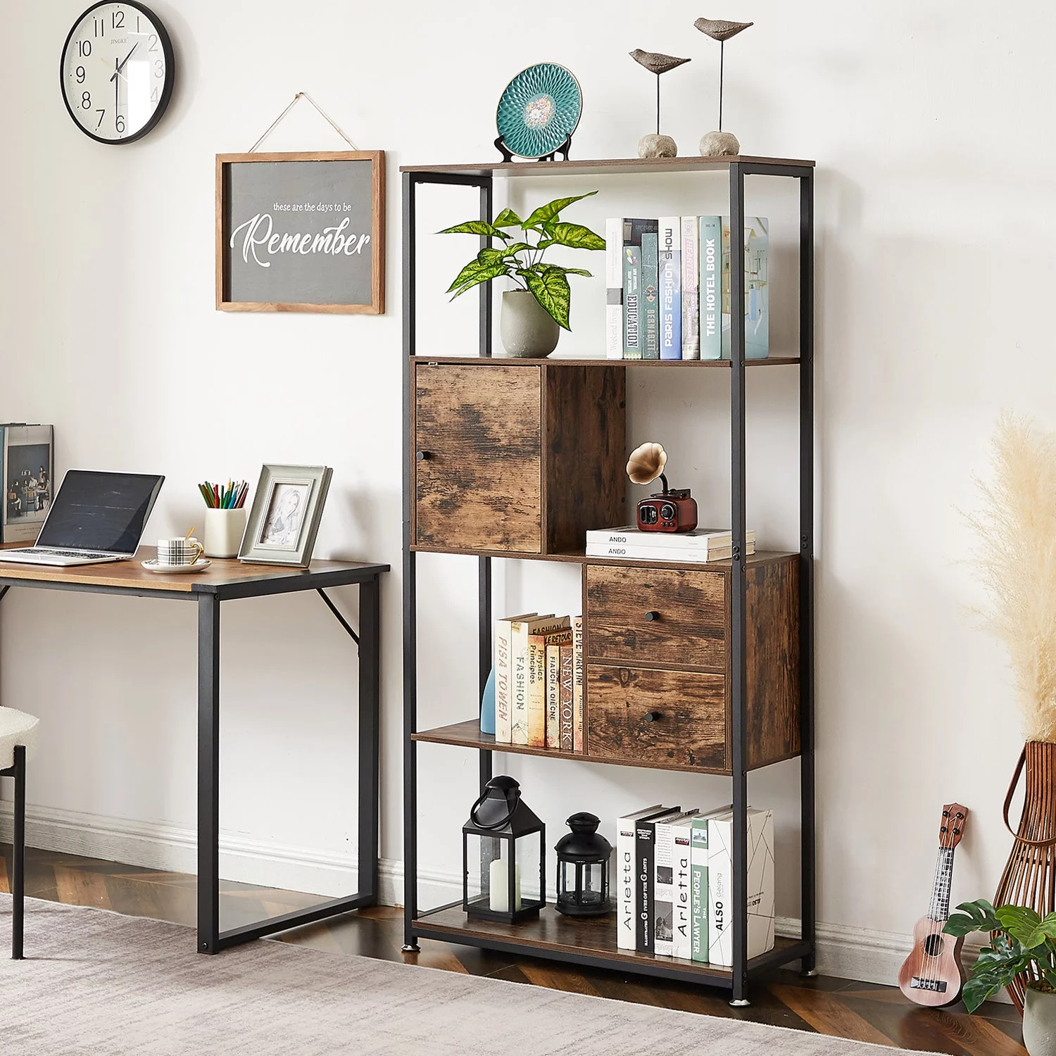 VECELO 4-Tier Bookshelf Display Decor Shelves, Rustic Industrial Wooden Bookcase with Drawer, Metal Frame, Brown